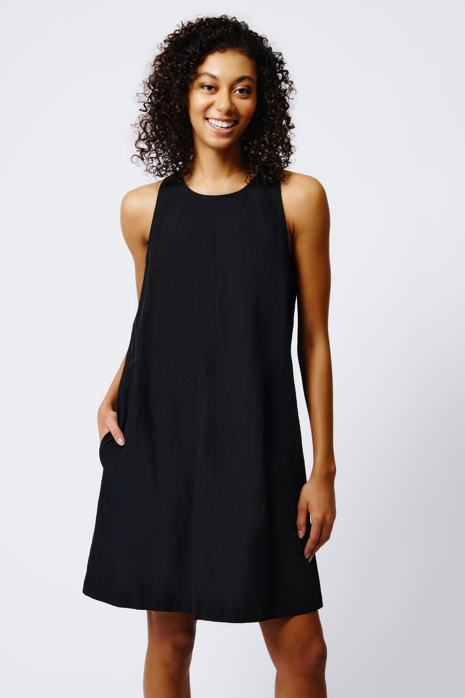 kal rieman trapeze dress in black on model front view crop alternative view