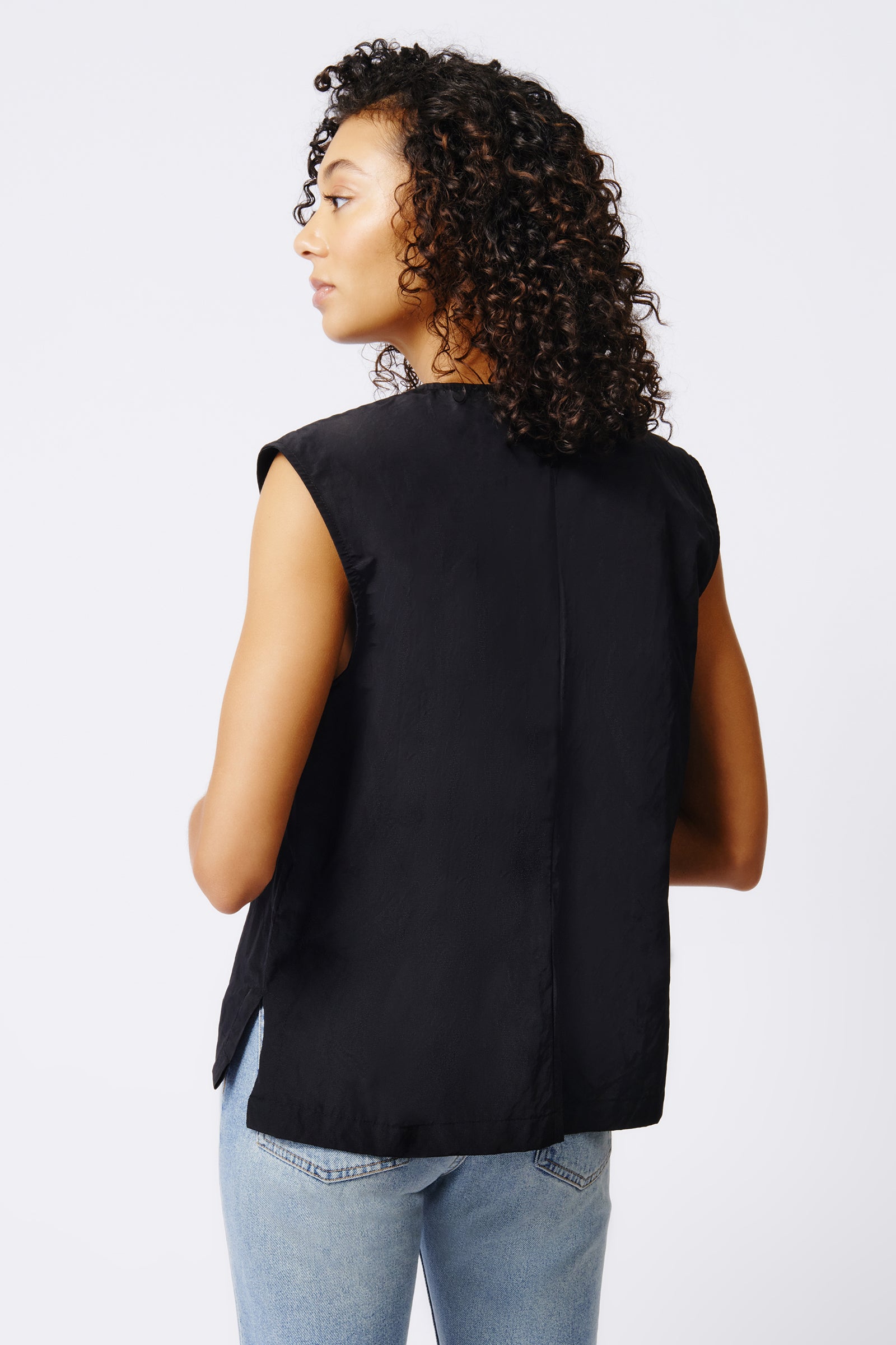 Kal Rieman Ava V Neck Shell in Black on Model Back View Crop