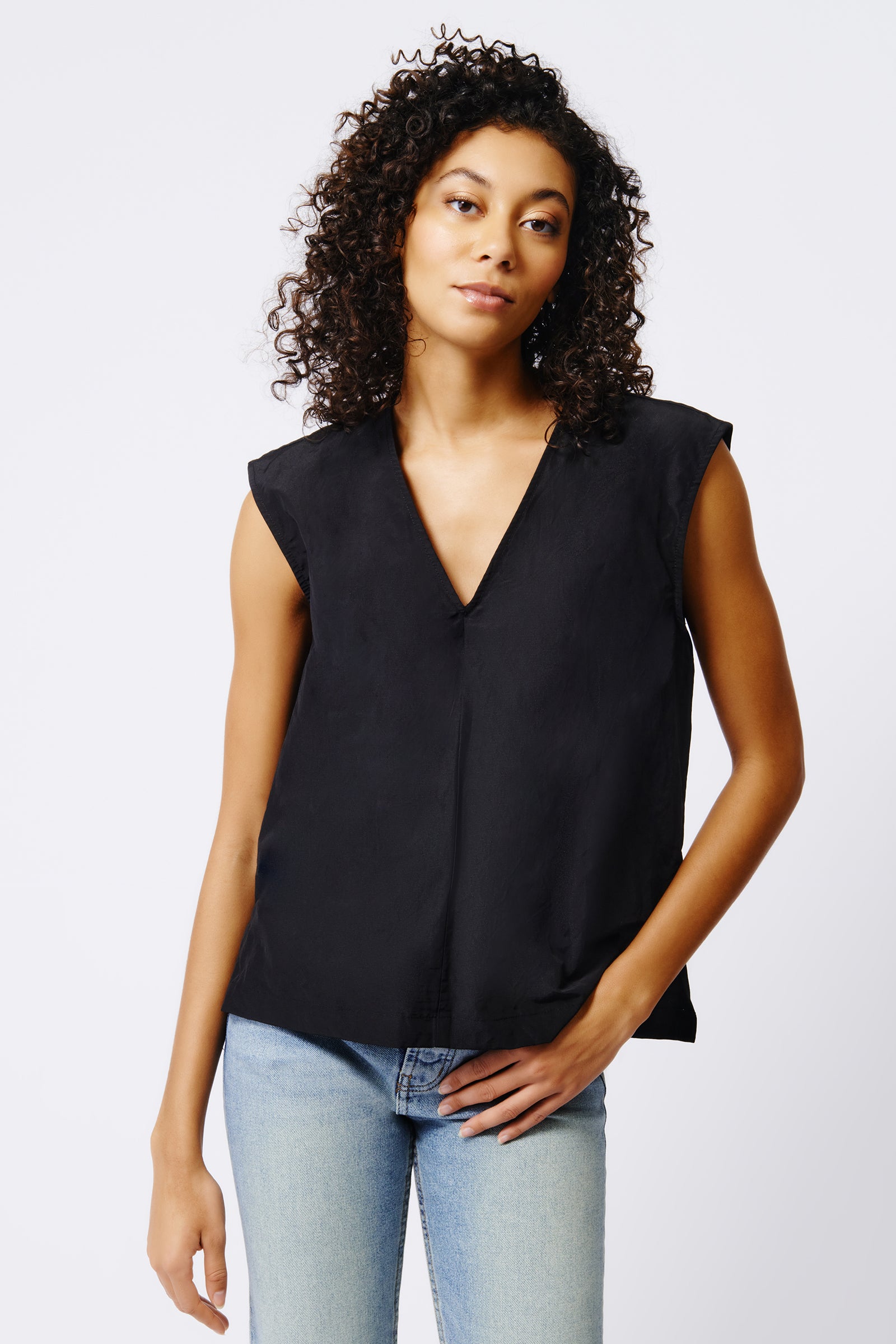 Kal Rieman Ava V Neck Shell in Black on Model Front View Crop