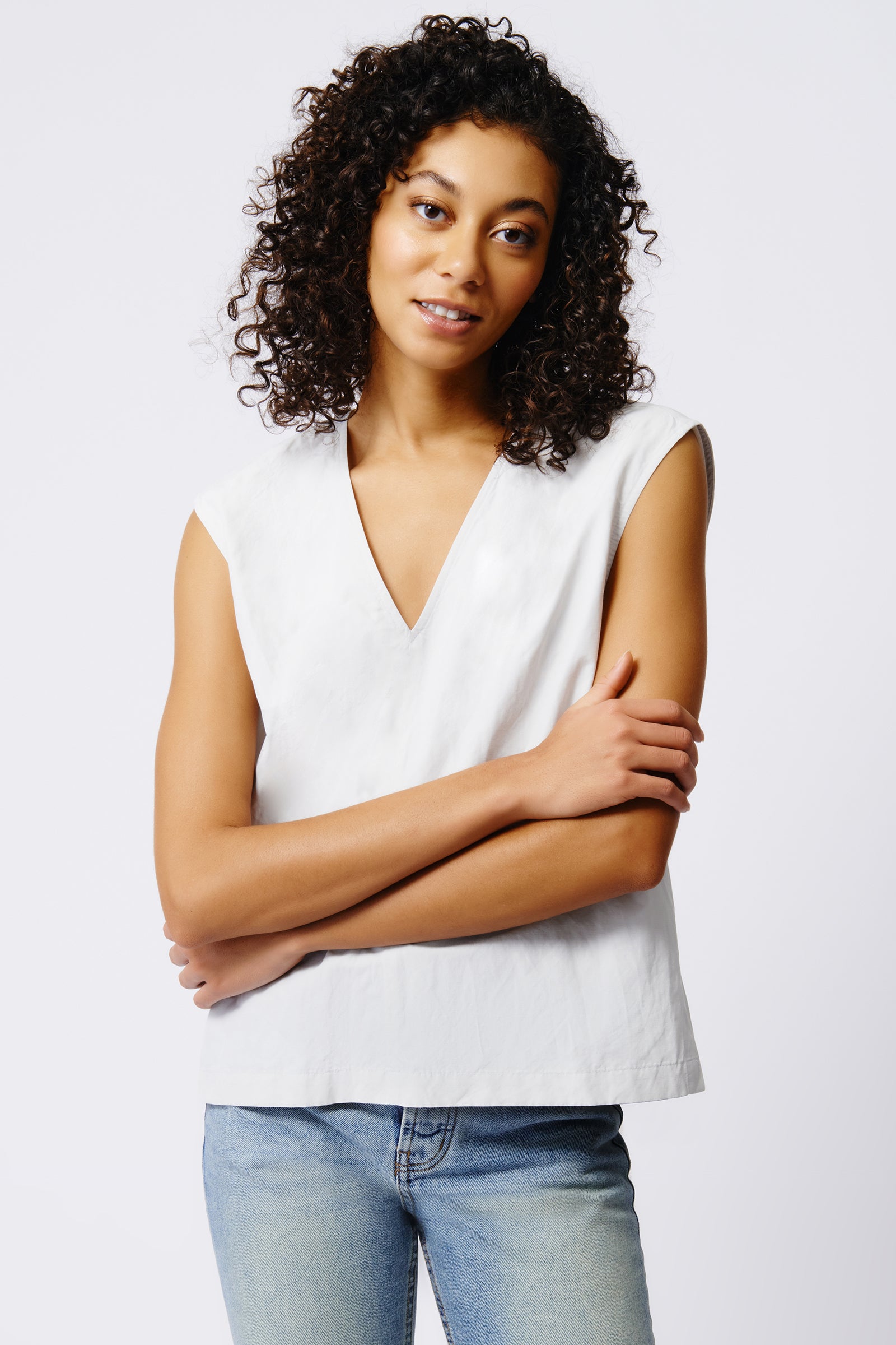 Kal Rieman Ava V Neck Shell in Stone on Model Front View Crop