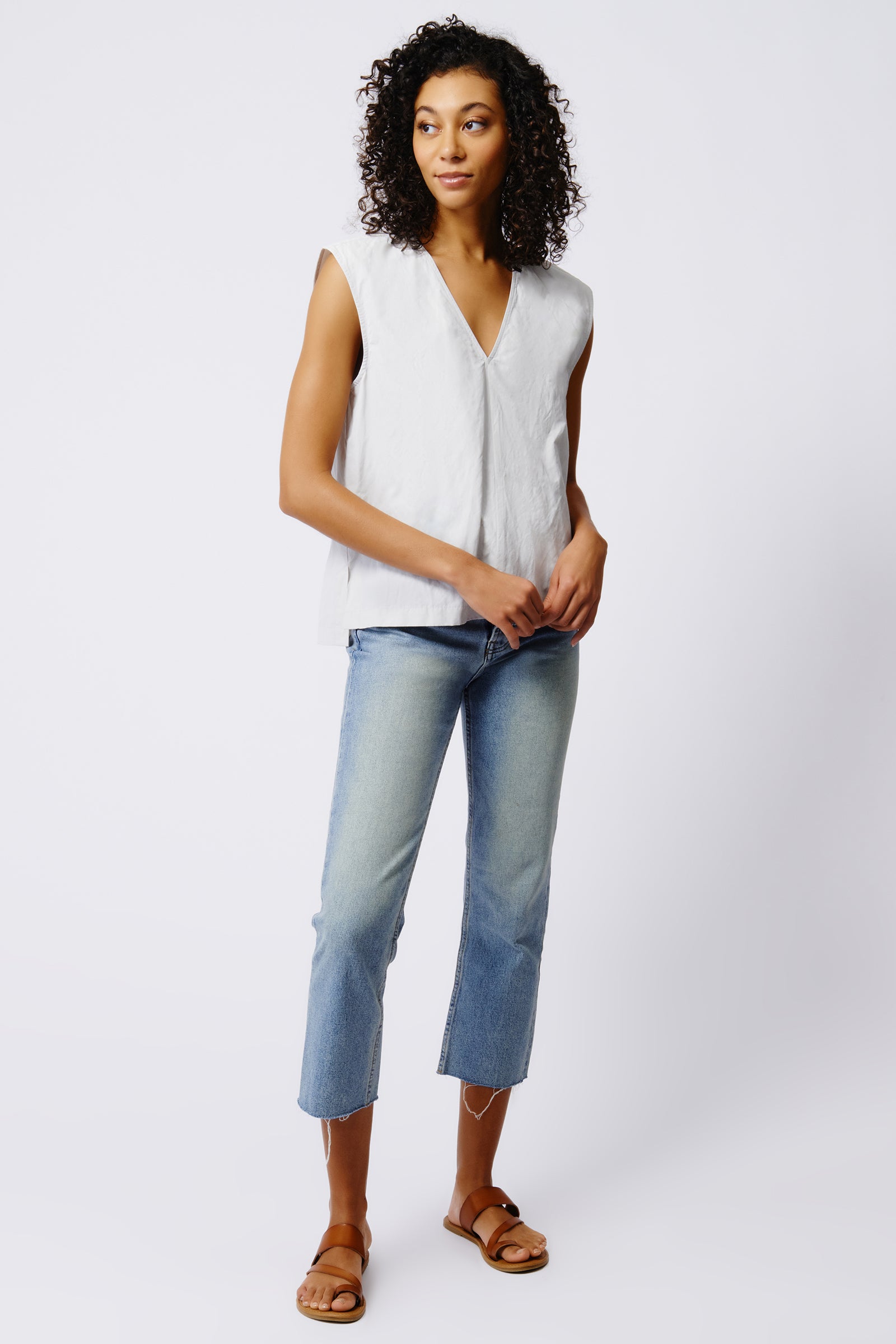 Kal Rieman Ava V Neck Shell in Stone on Model Full Front View