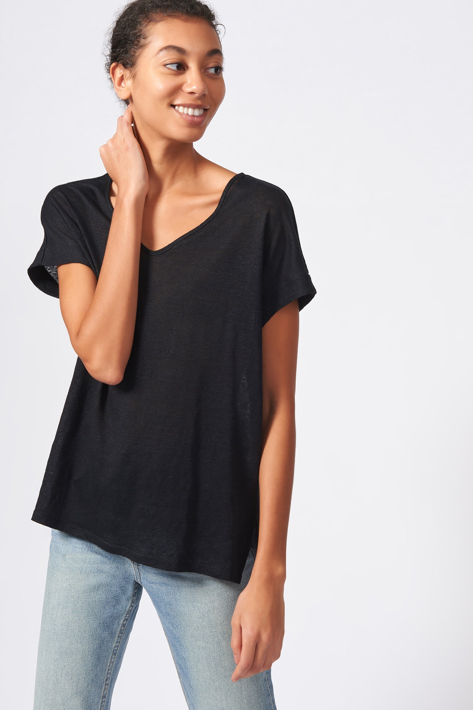 Kal Rieman Wide V Neck Tee in Black on Model Front View