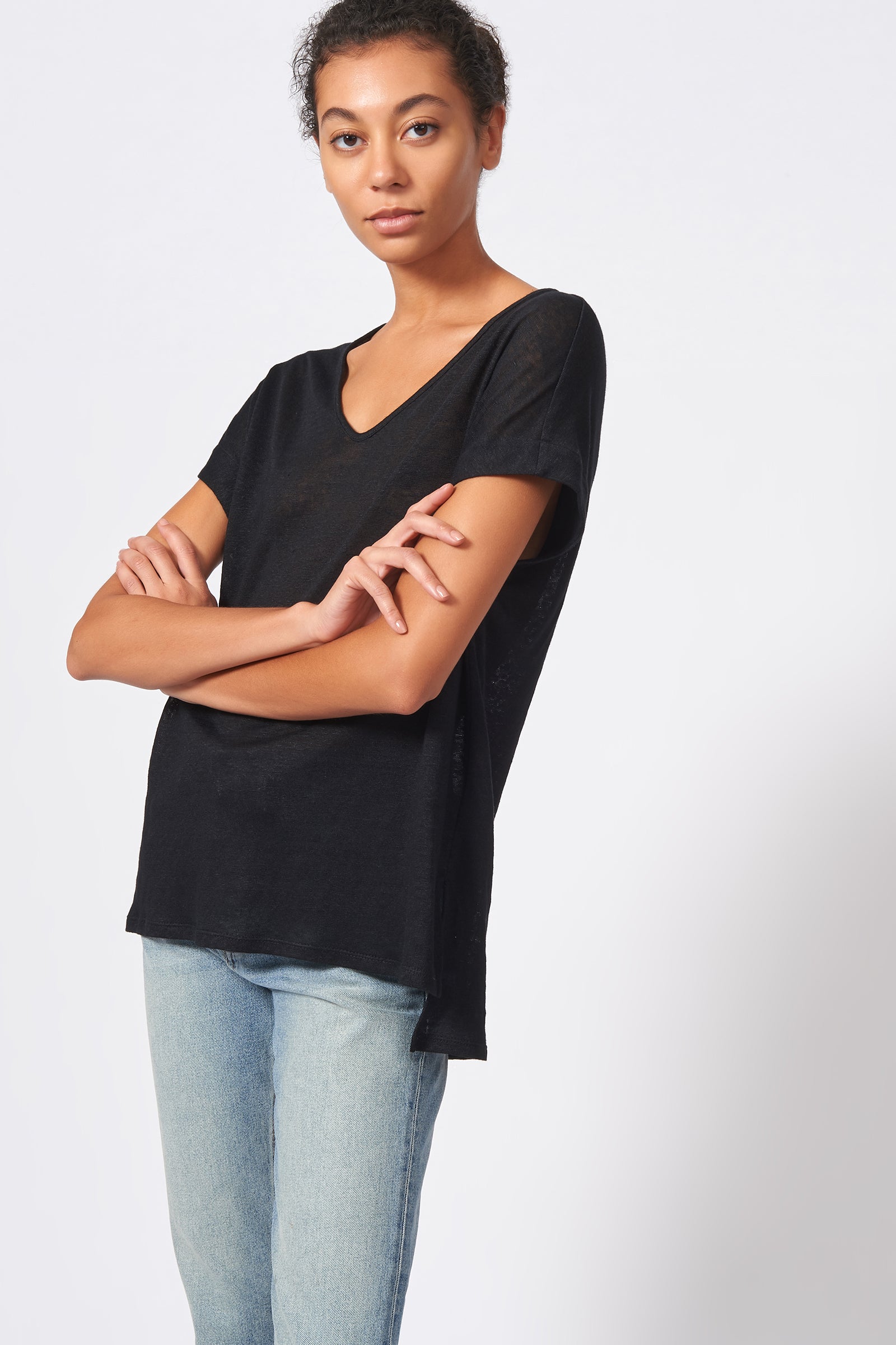 Kal Rieman Wide V Neck Tee in Black on Model Front View