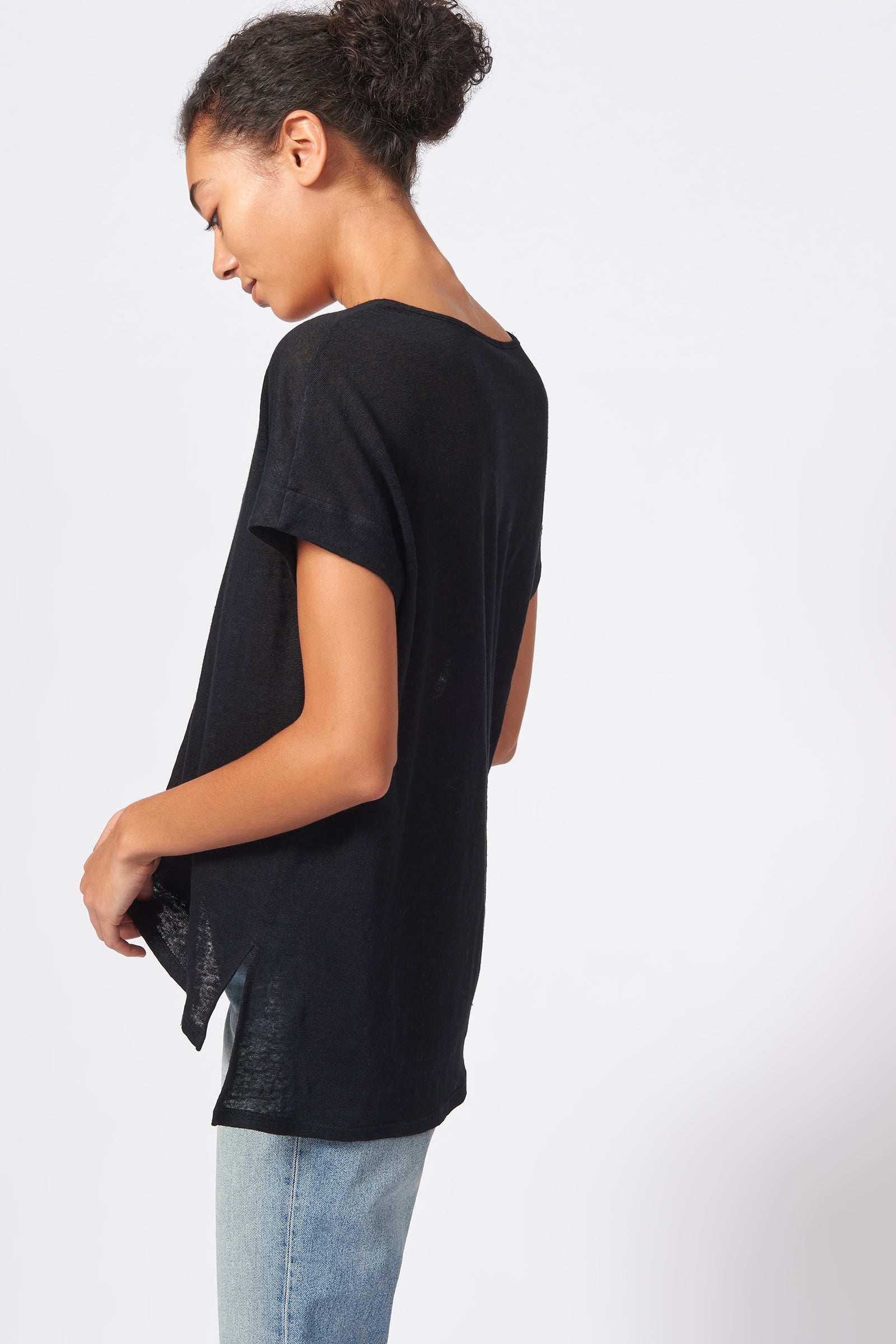 Kal Rieman Wide V Neck Tee in Black on Model Side View