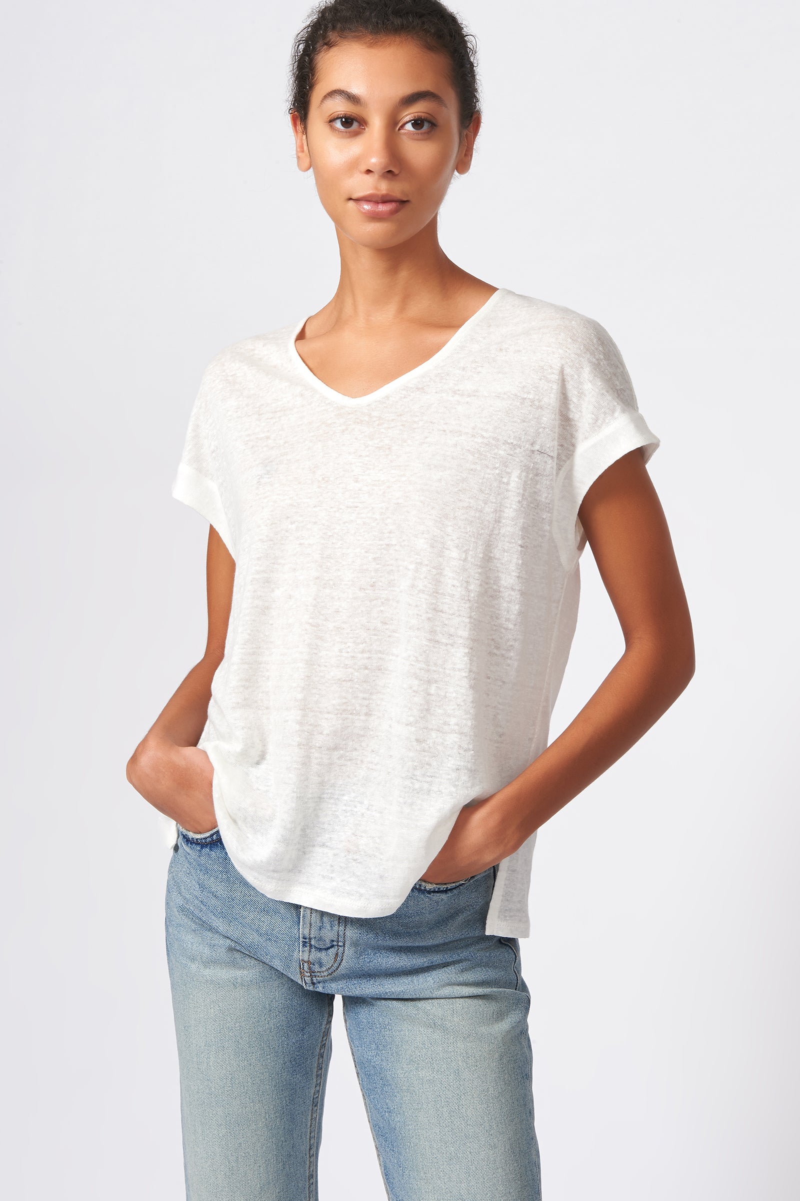 Kal Rieman Wide V Neck Tee in Natural on Model Front View