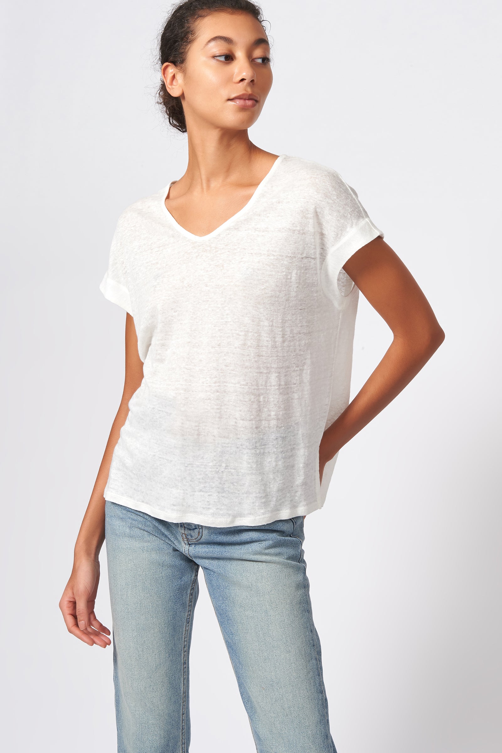 Kal Rieman Wide V Neck Tee in Natural on Model Front View