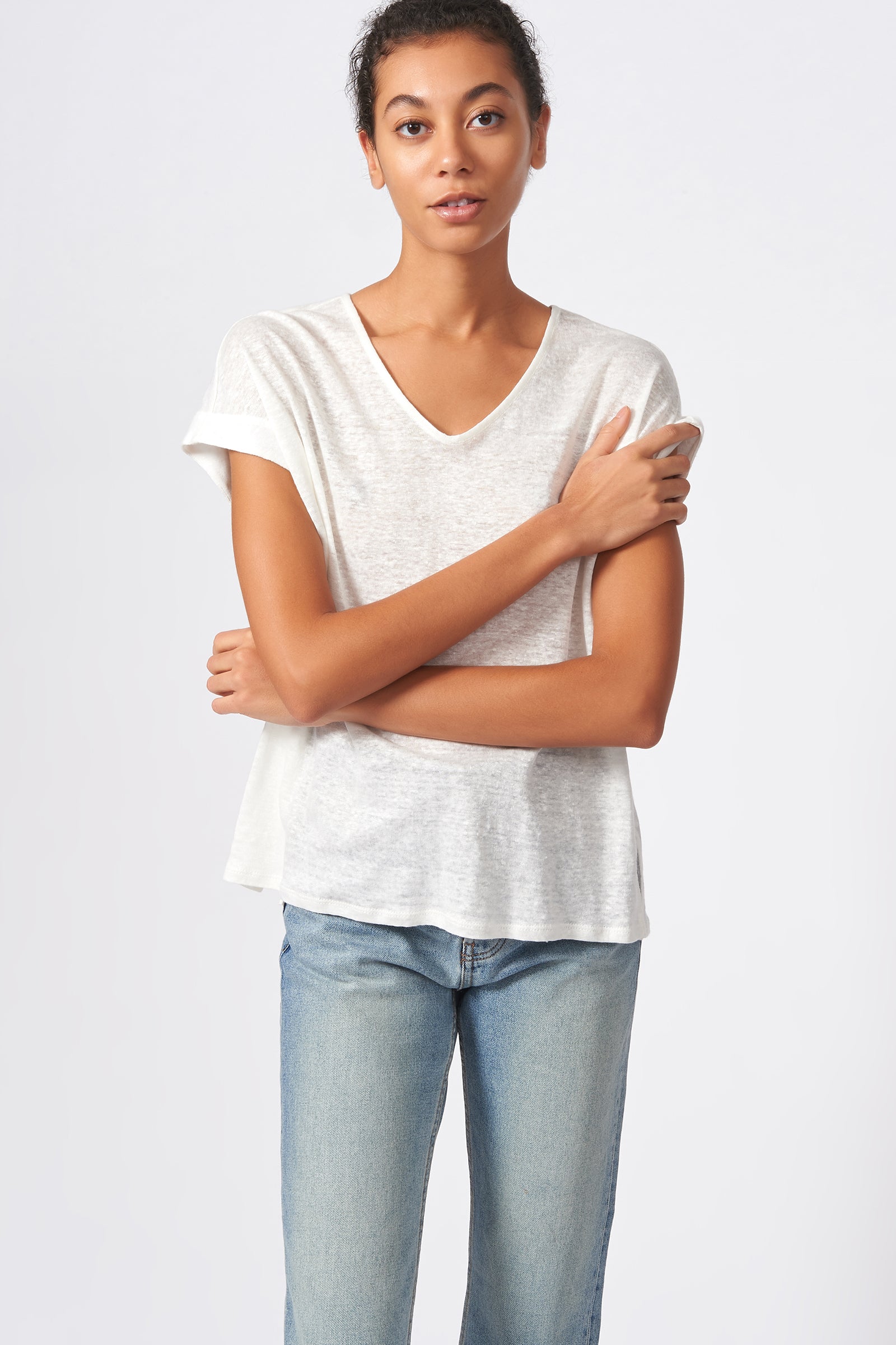 Kal Rieman Wide V Neck Tee in Natural on Model Front View