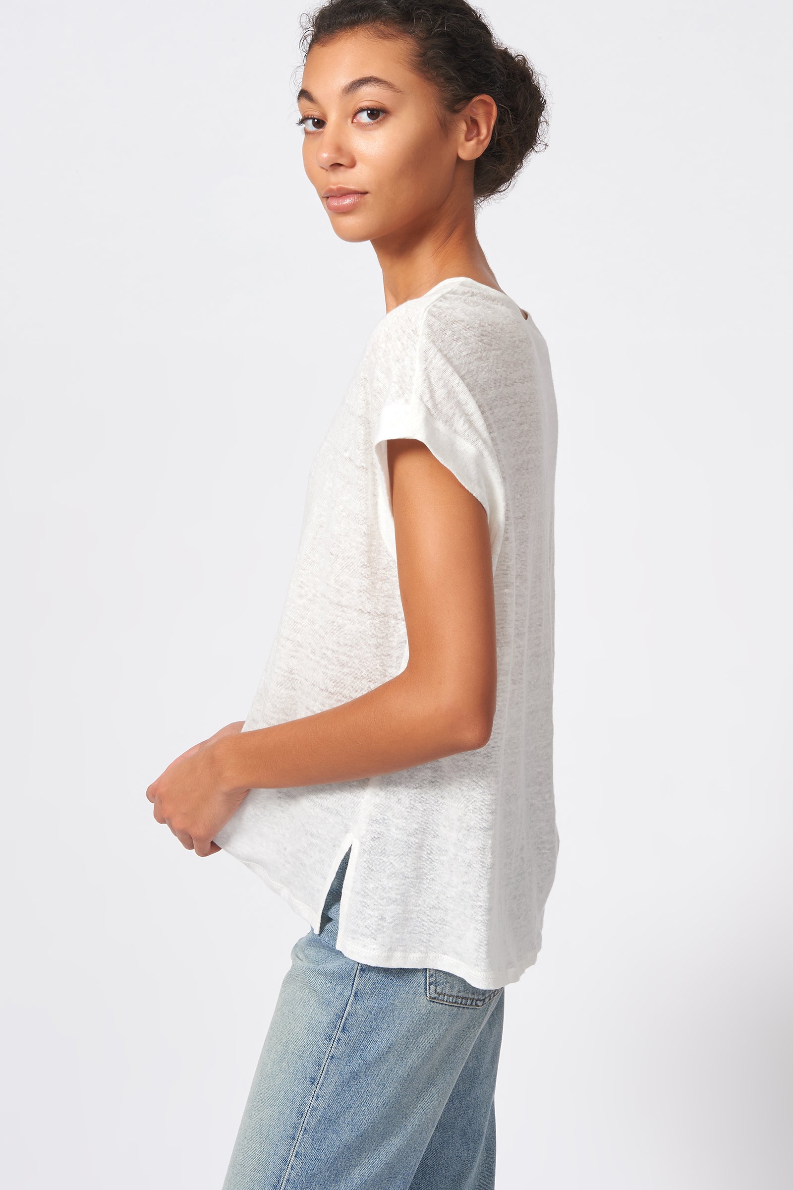 Kal Rieman Wide V Neck Tee in Natural on Model Side View