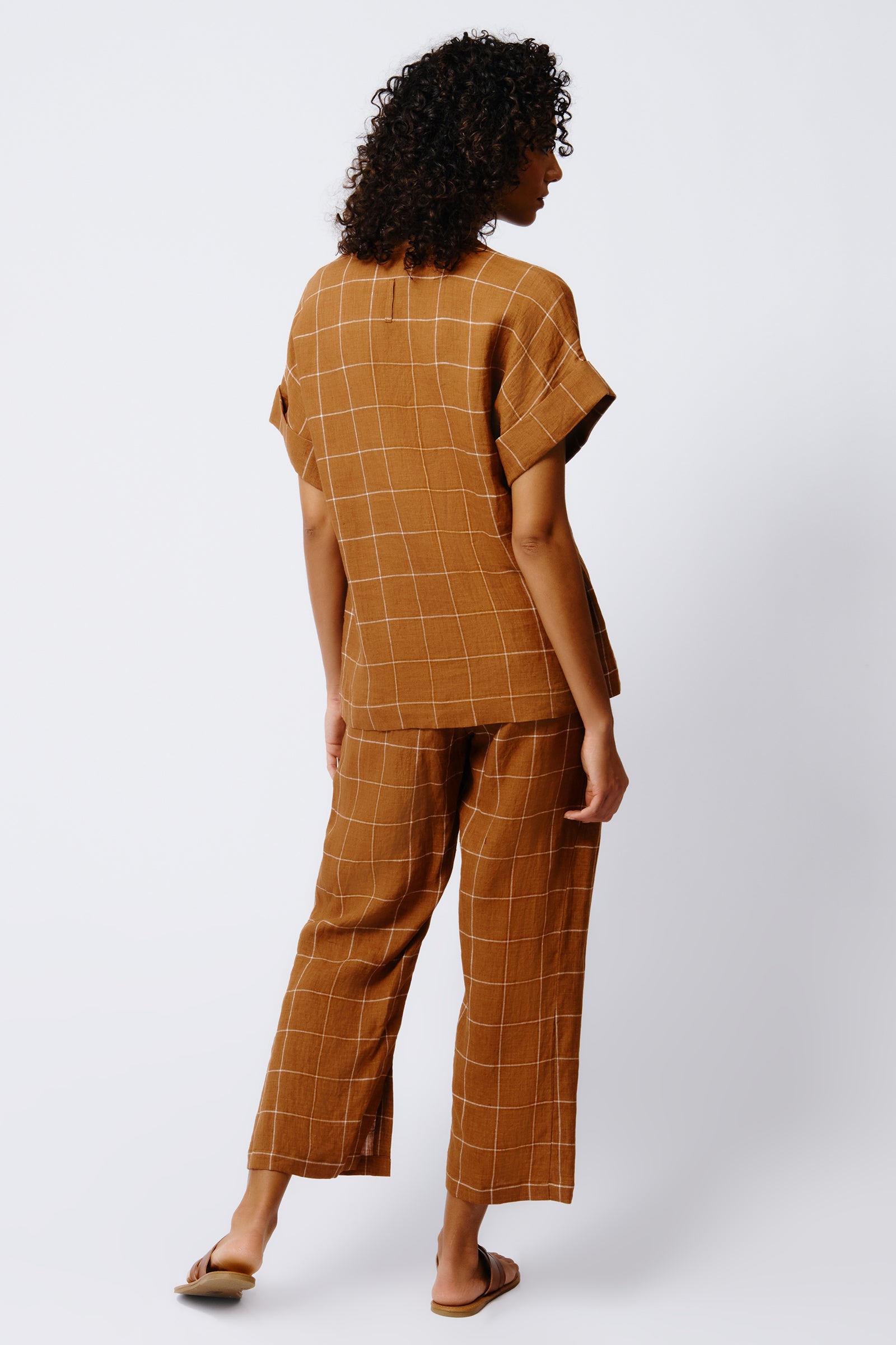 Kal Rieman Audrey Fold Front Kimono Top in Rust Windowpane on Model Full Back View