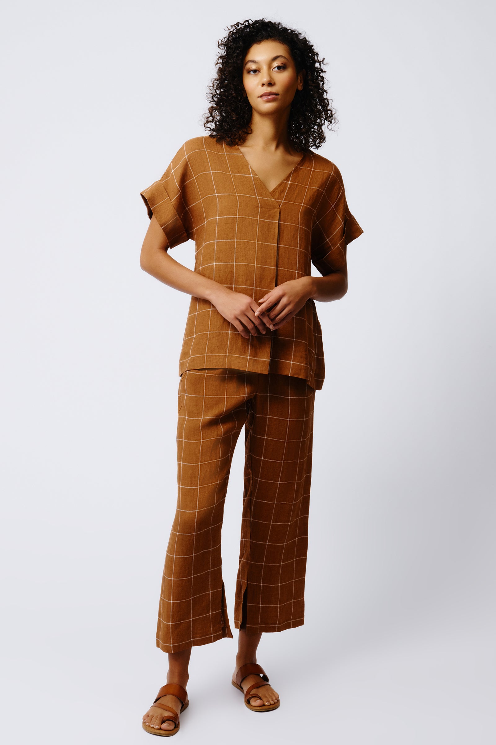 Kal Rieman Audrey Fold Front Kimono Top in Rust Windowpane on Model Full Front View