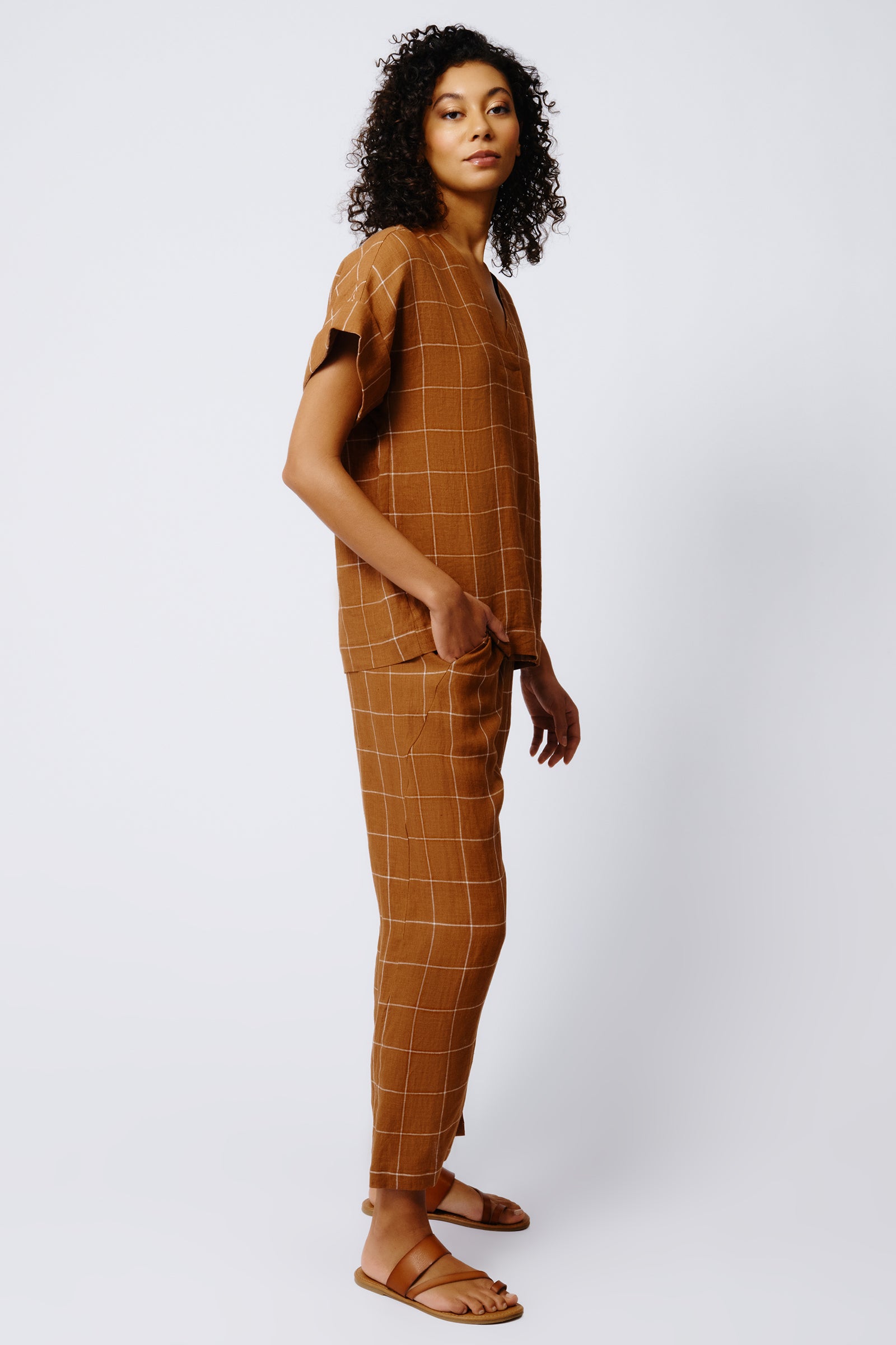 Kal Rieman Audrey Fold Front Kimono Top in Rust Windowpane on Model Full Side View