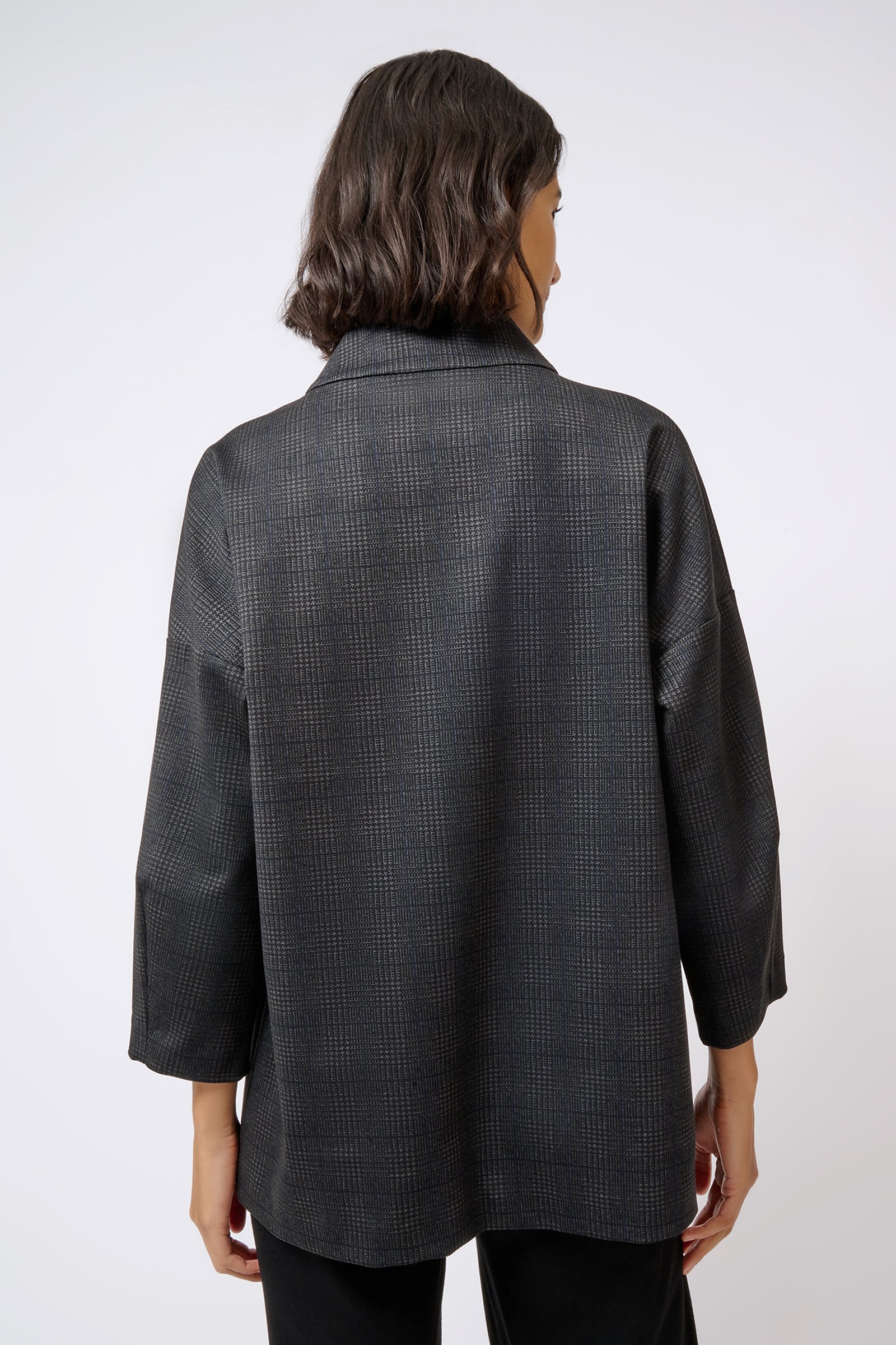 Kal Rieman Zip Mock Top in Black Plaid on Model Back View