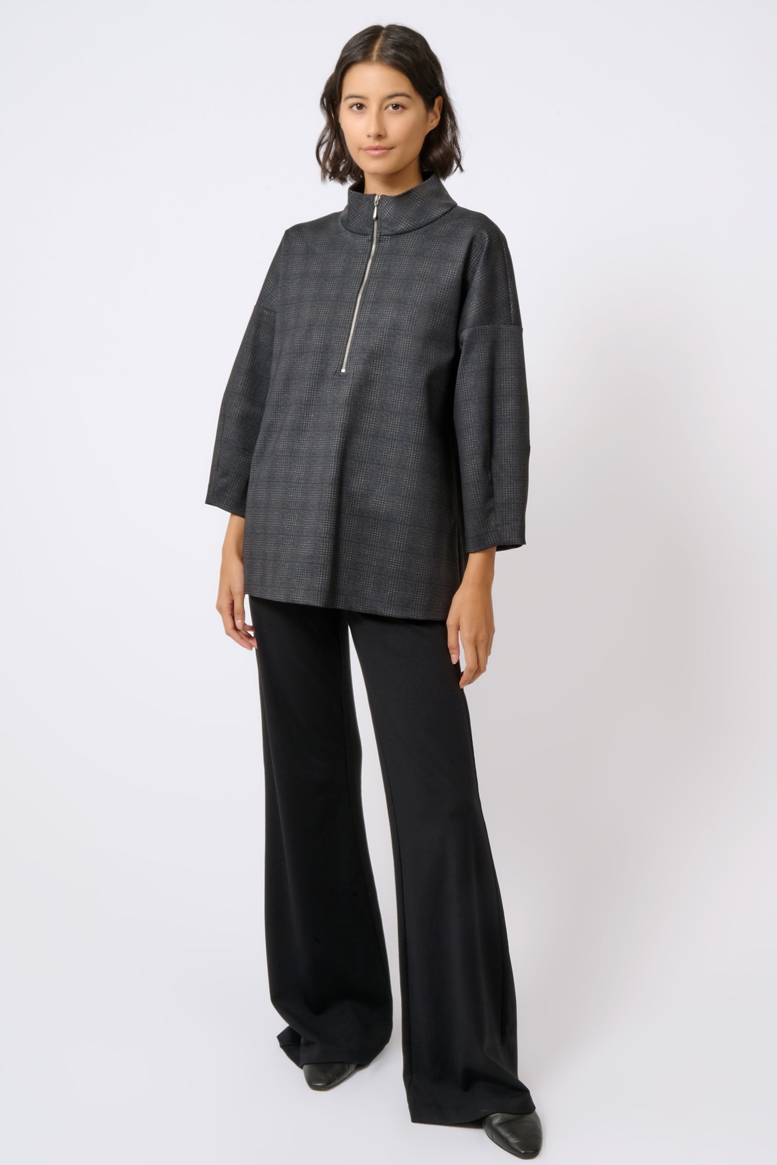 Kal Rieman Zip Mock Top in Black Plaid Full Front View