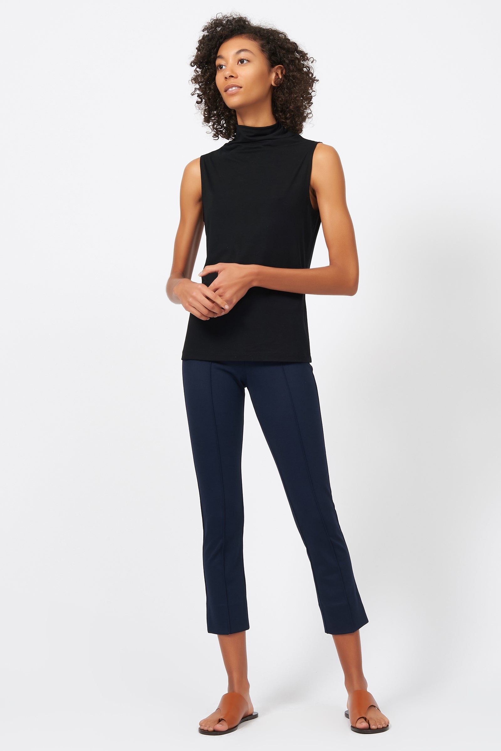 Kal Rieman Pintuck Slit Capri in Navy on Model Full Front View