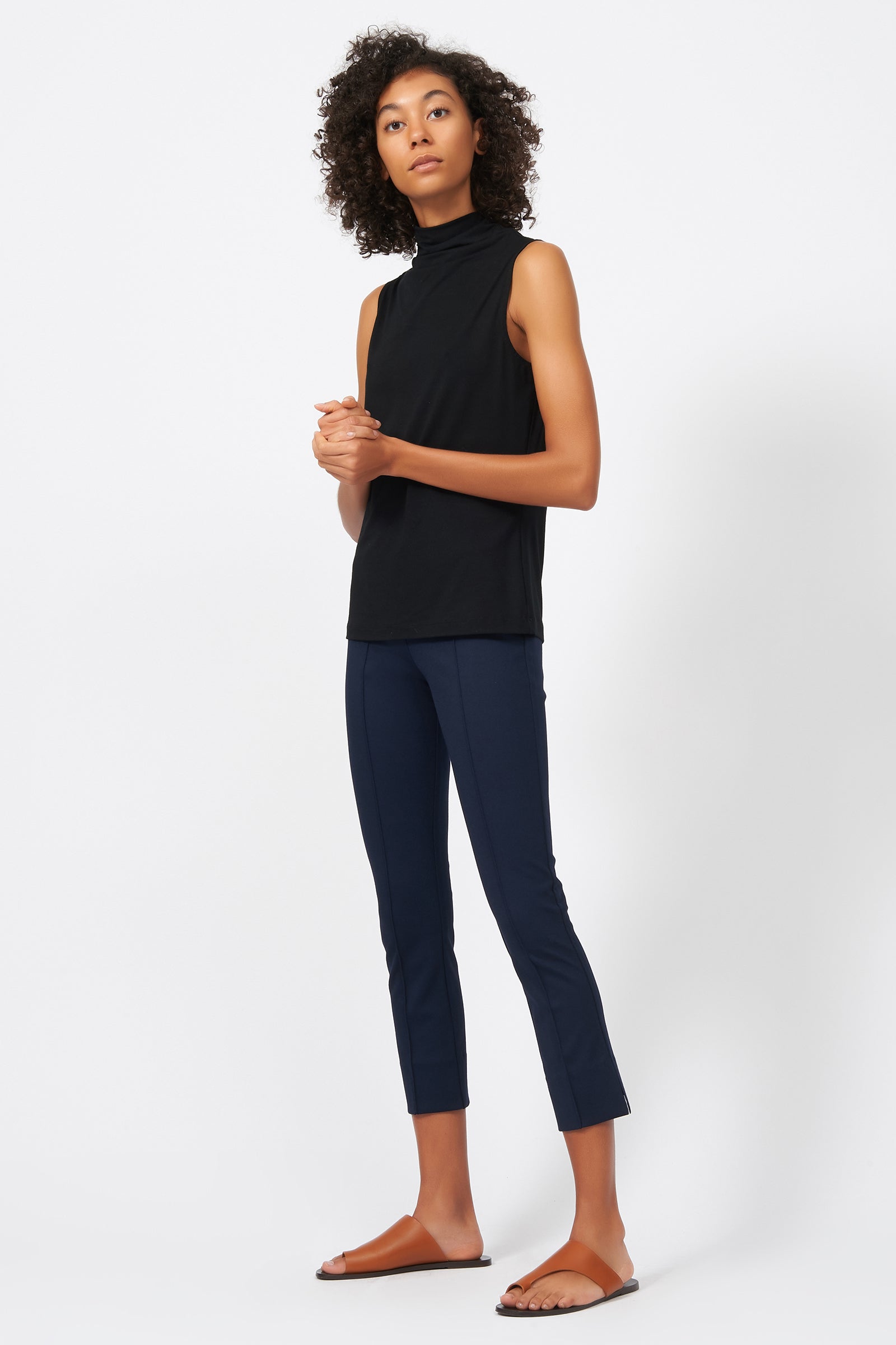 Kal Rieman Pintuck Slit Capri in Navy on Model Full Side View
