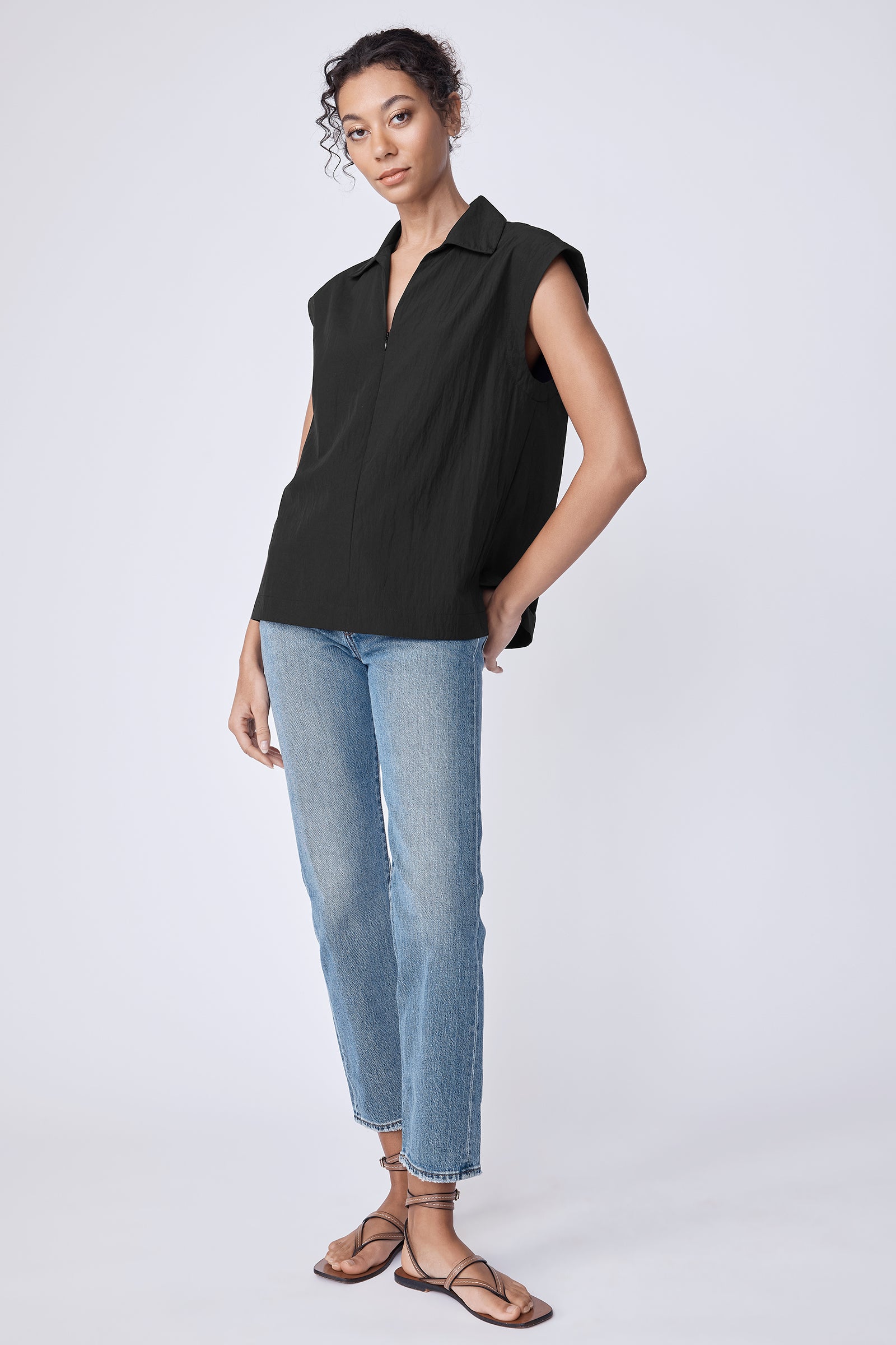 Kal Rieman Babe Zip Top in black typewriter cloth on model full front view