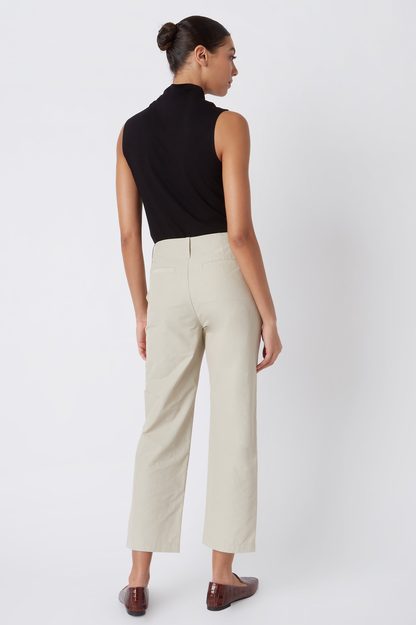 Kal Rieman Francoise Cigarette Pant in Classic Khaki Italian Broadcloth on Model with Arm Behind Back Full Front View