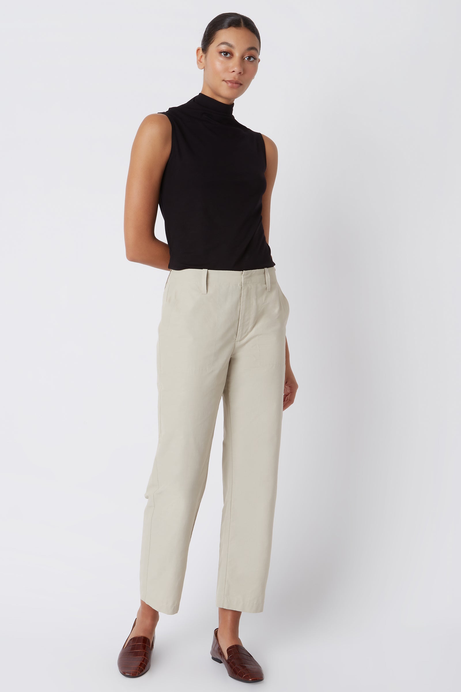 Kal Rieman Francoise Cigarette Pant in Classic Khaki Italian Broadcloth on Model with Arm Behind Back Full Front View