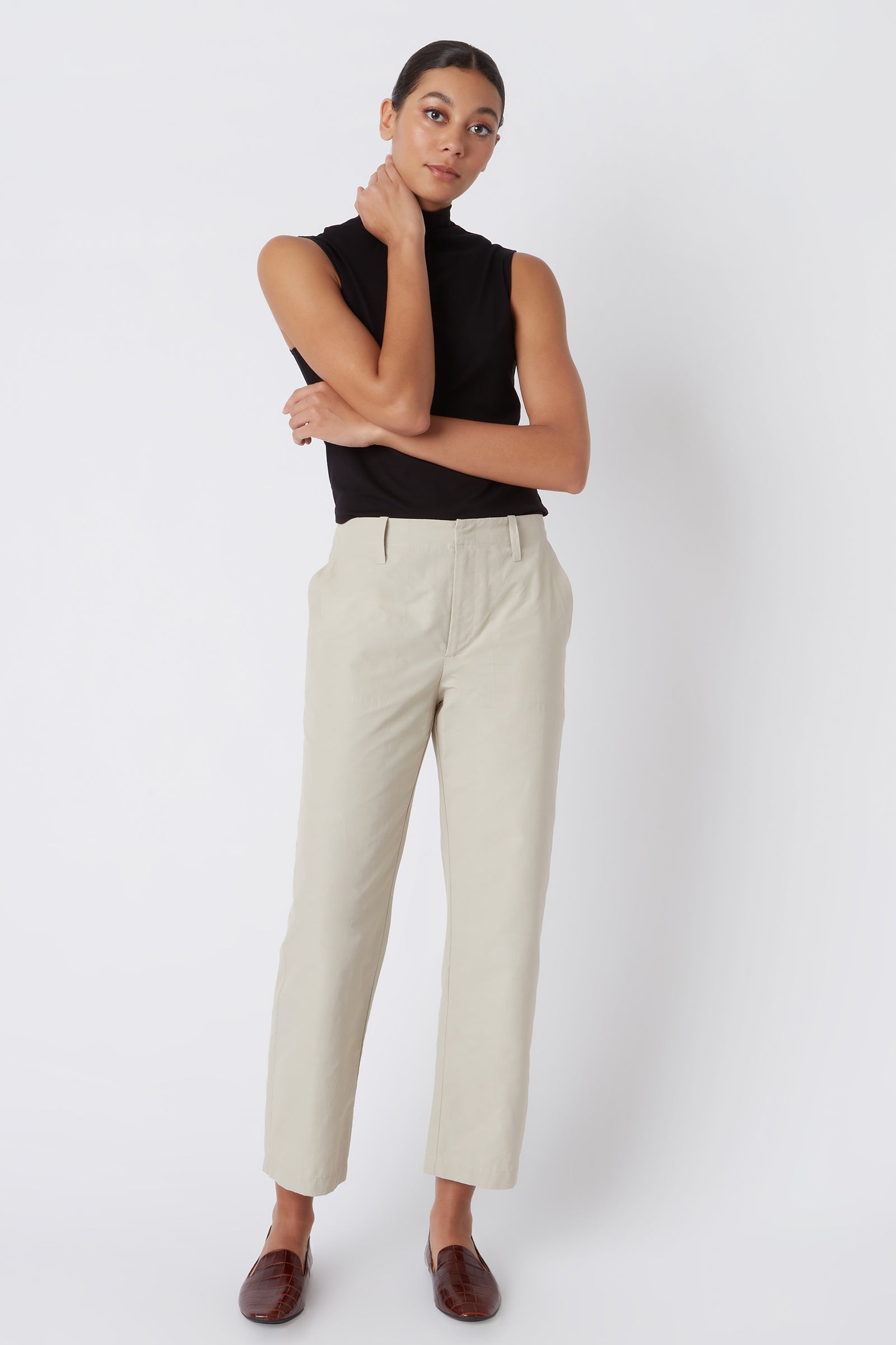 Kal Rieman Francoise Cigarette Pant in Classic Khaki Italian Broadcloth on Model with Arm on Neck Full Front View