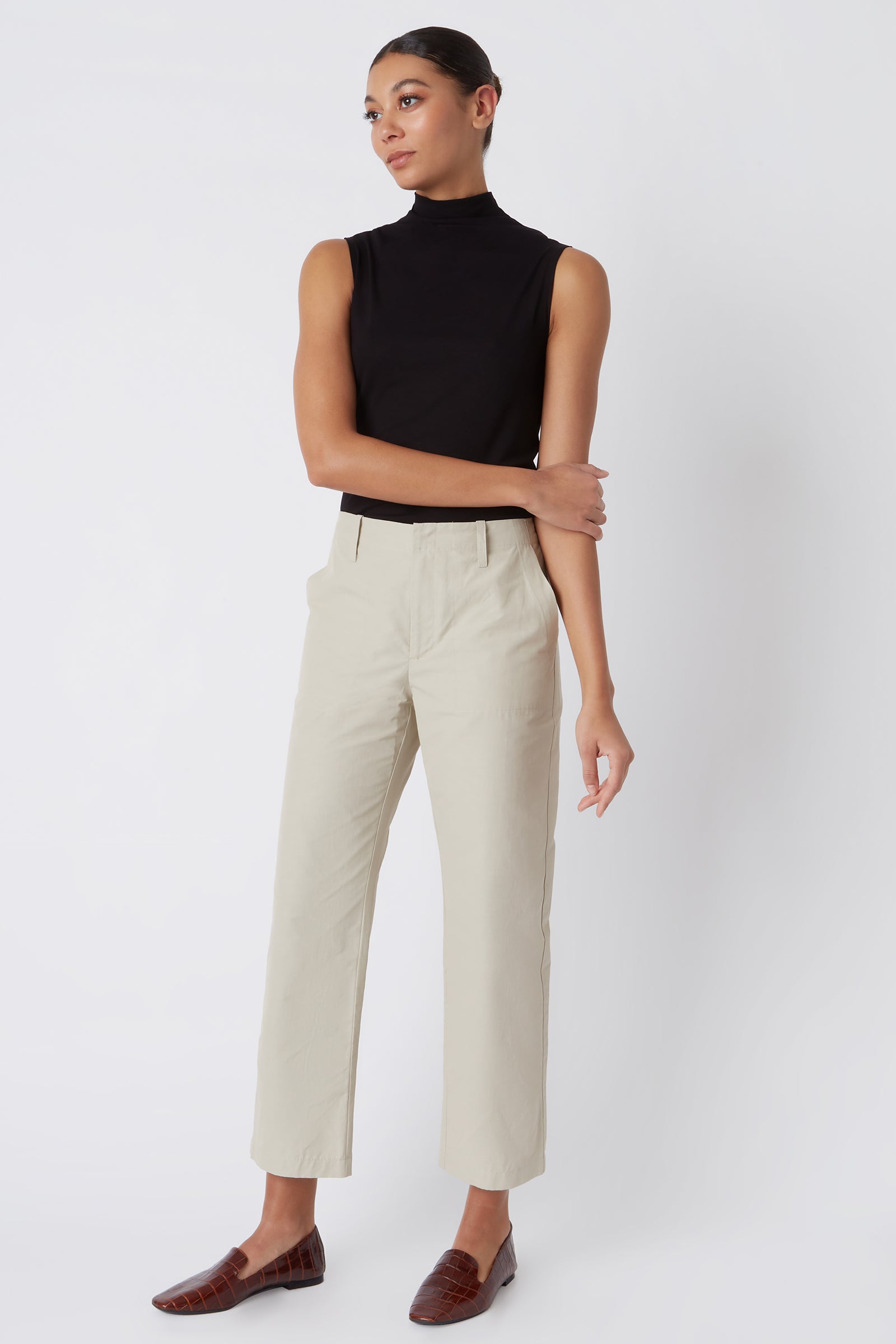 Kal Rieman Francoise Cigarette Pant in Classic Khaki Italian Broadcloth on Model with Arm Crossed Full Front View