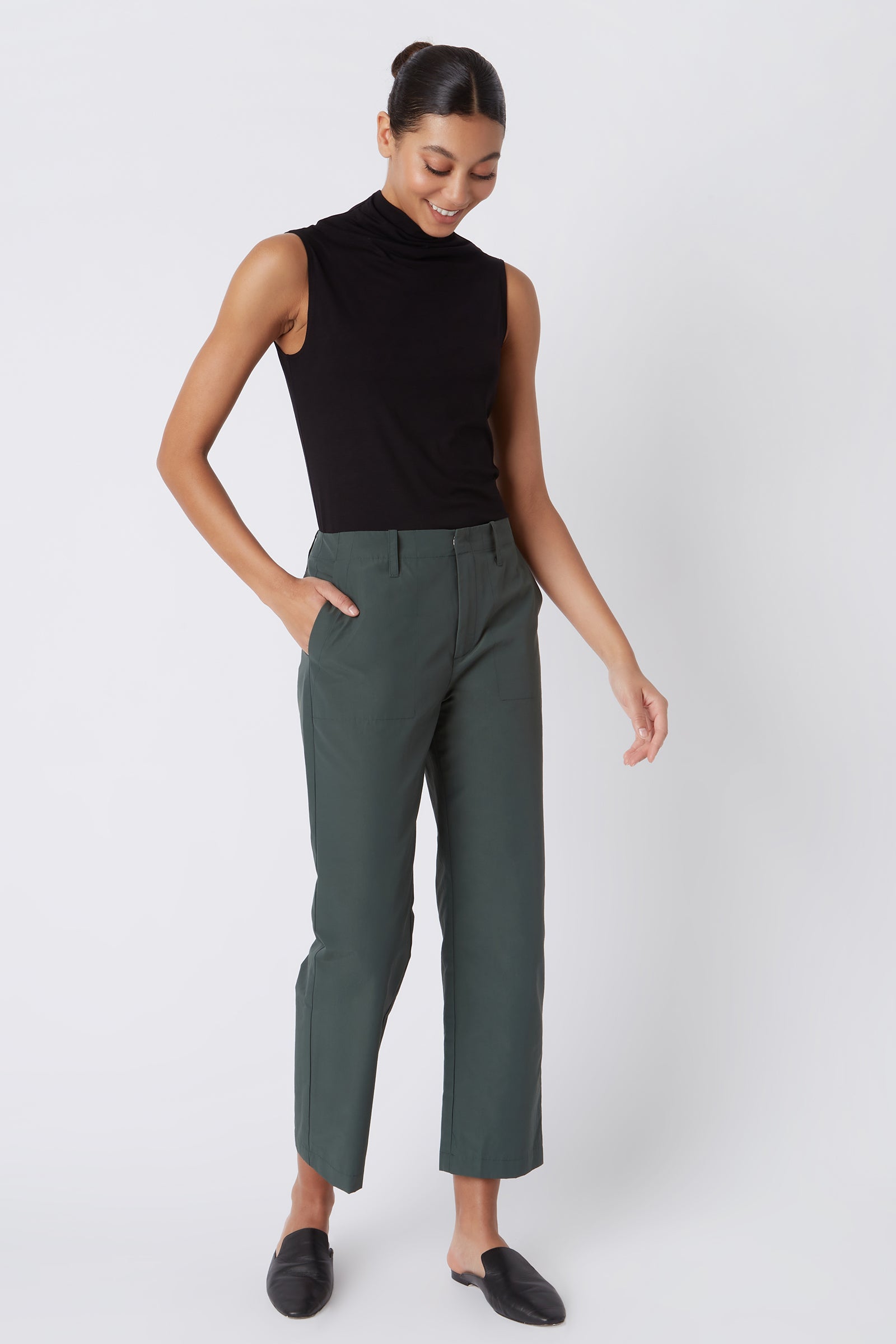 Kal Rieman Francoise Cigarette Pant in Loden Italian Broadcloth on Model with Hand in Pocket Full Front View