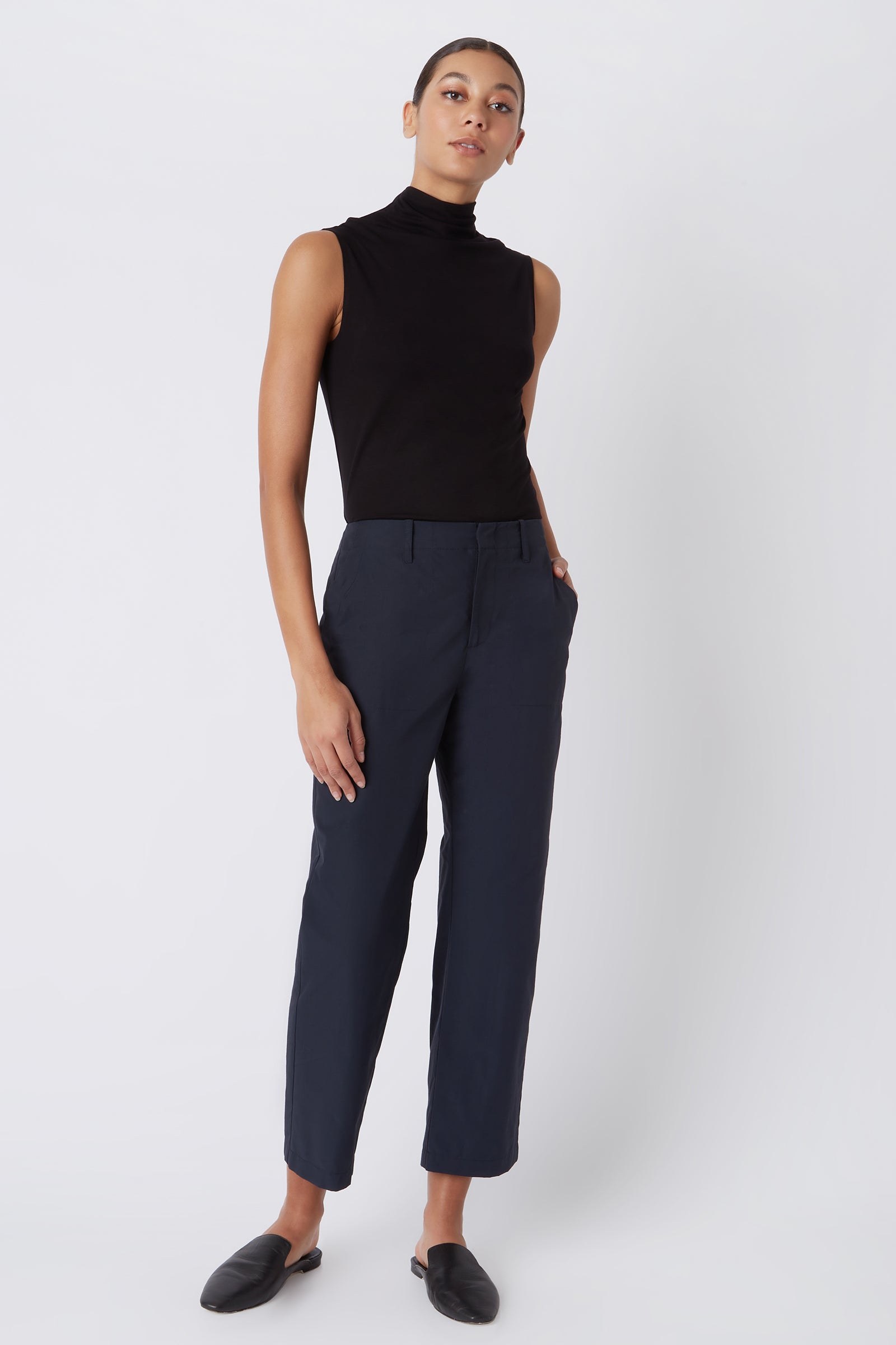 Kal Rieman Francoise Cigarette Pant in Navy Italian Broadcloth on Model with Hand in Pocket Full Front View