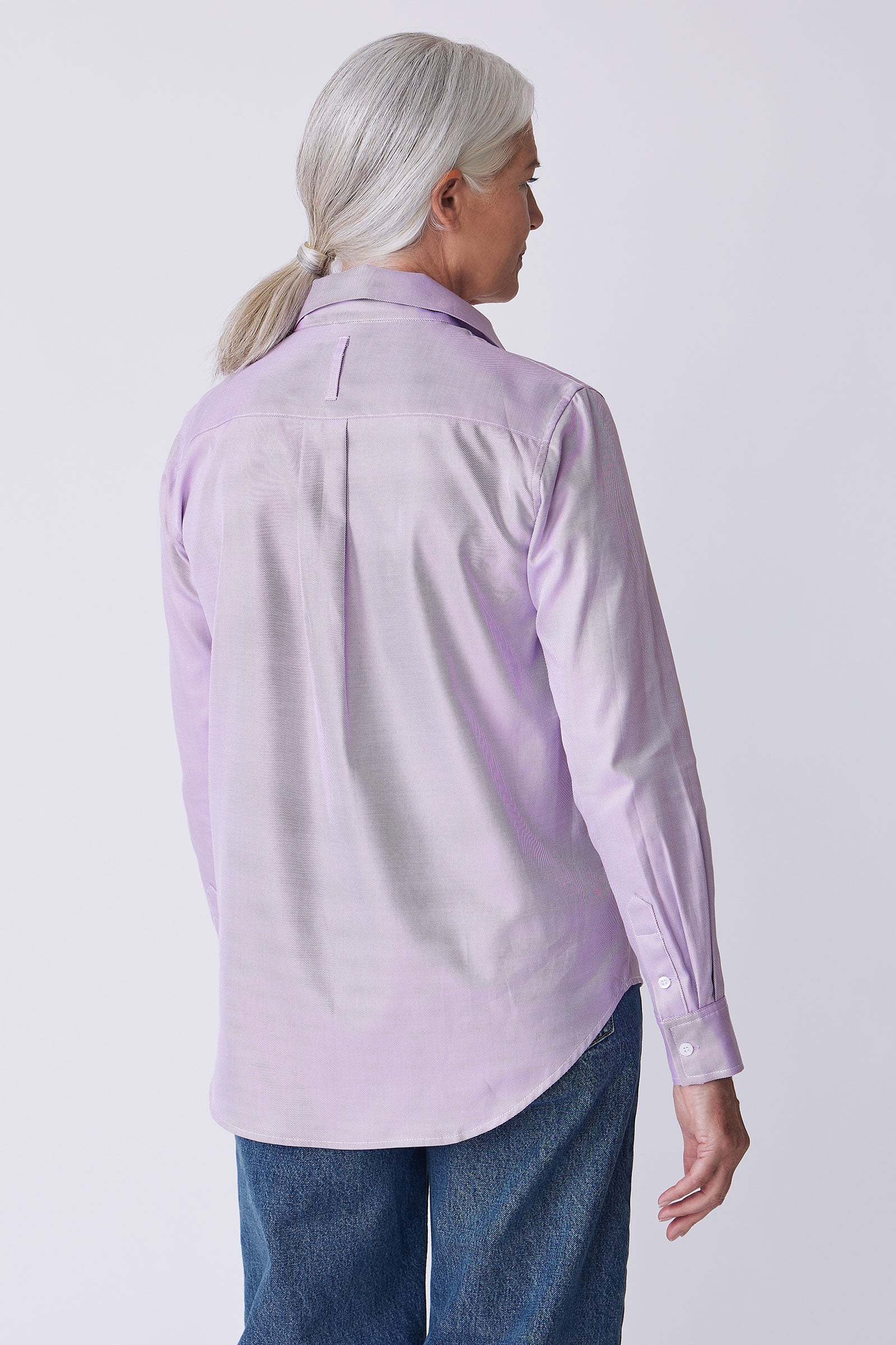 Ginna Box Pleat Tailored Shirt in Violet soft twill on model front view hand in pocketl