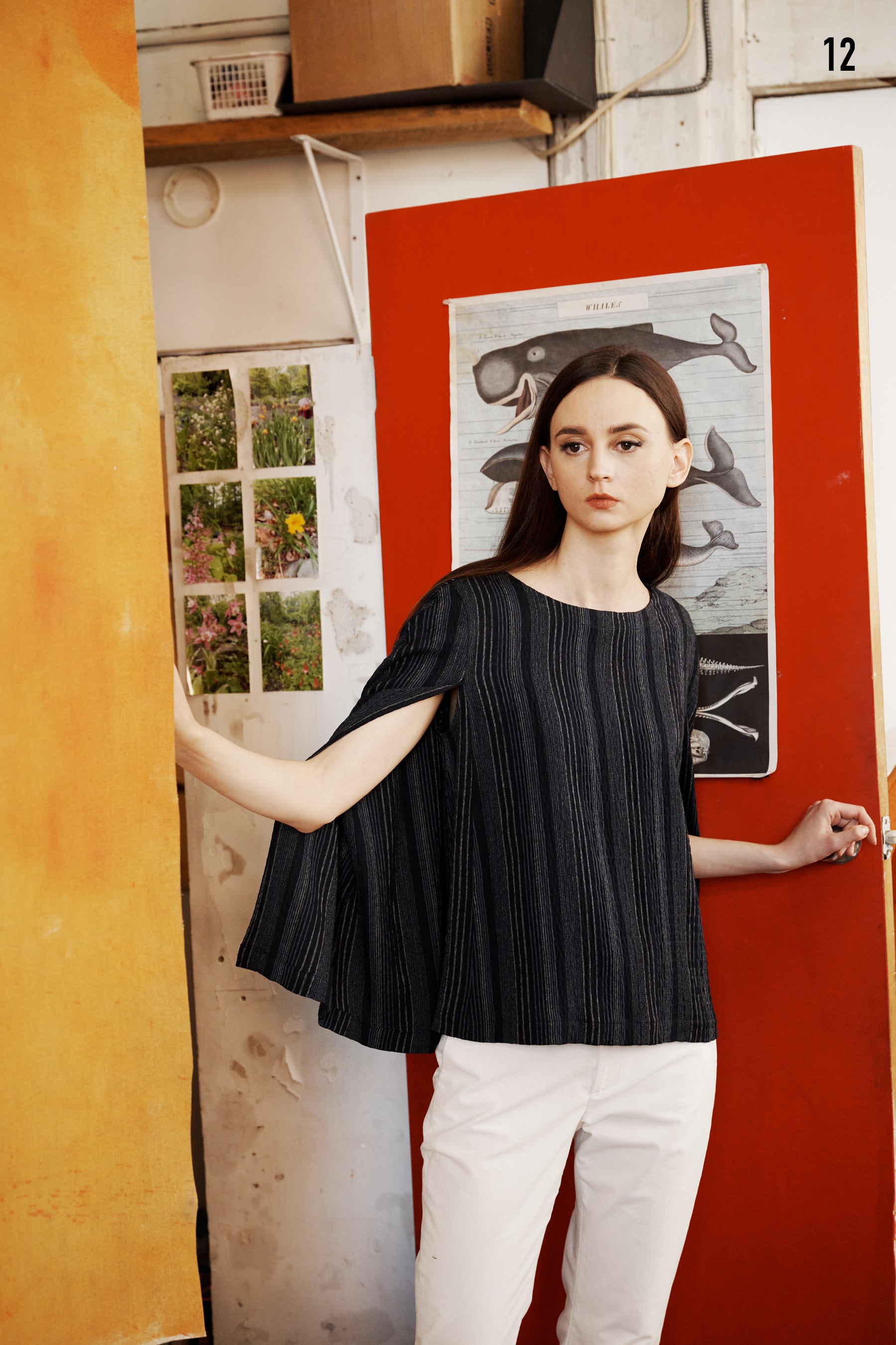 Kal Rieman Jolene Cape Top in Navy Stripe on model Lookbook Image