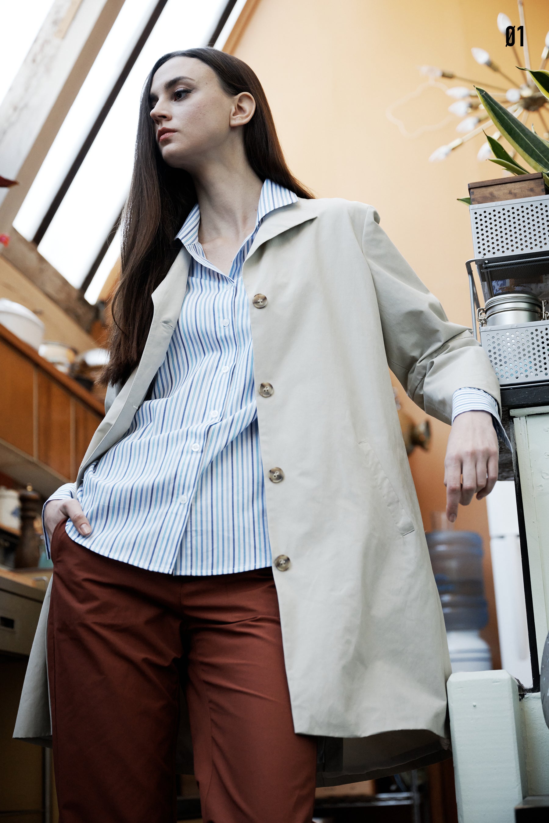 Kal Rieman Else Peacoat in Classic Khaki on Model Lookbook image 