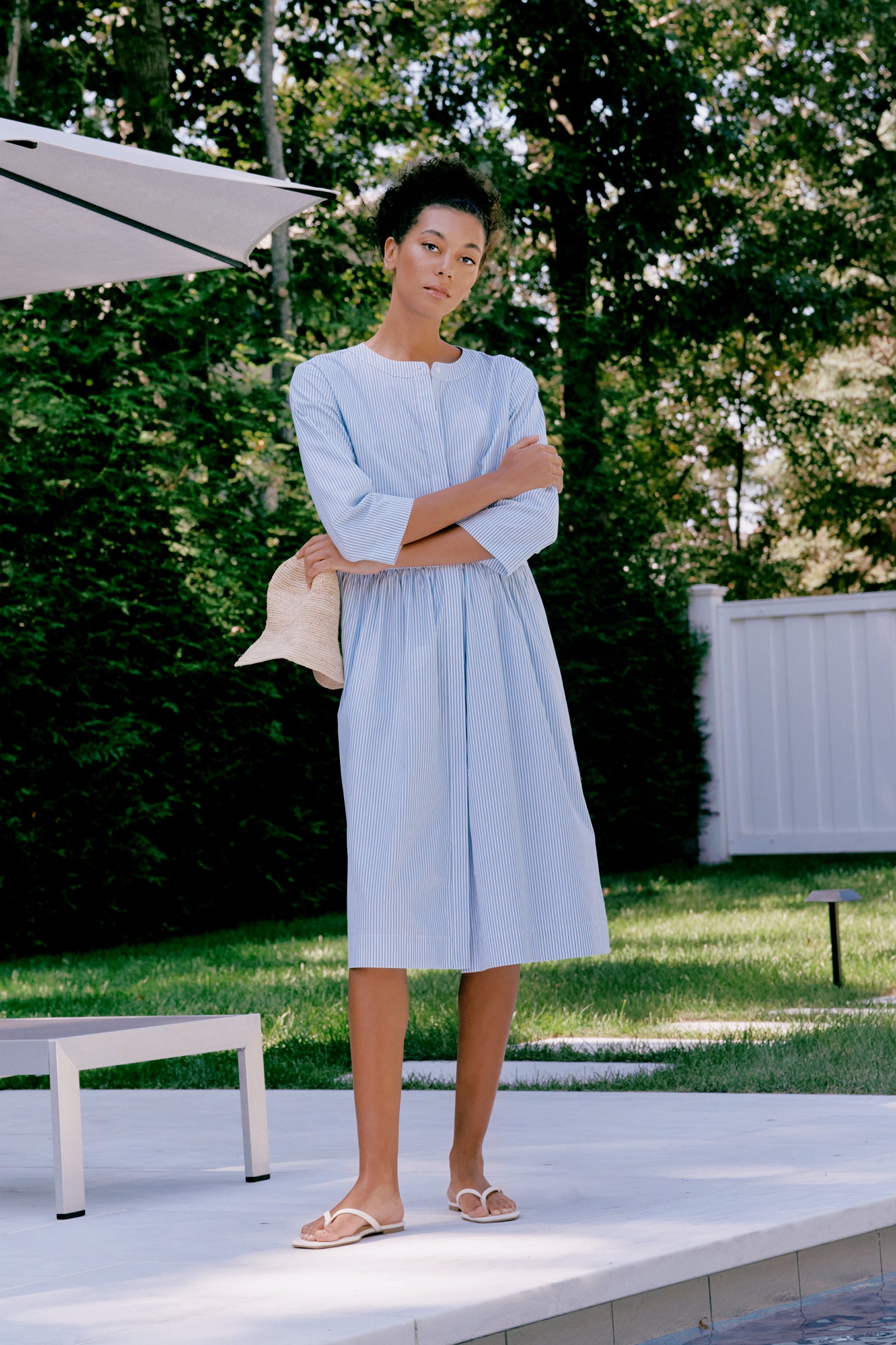 Kal Rieman Abby Shirred Shirt Dress in saltwater stripe on model looking left full front view