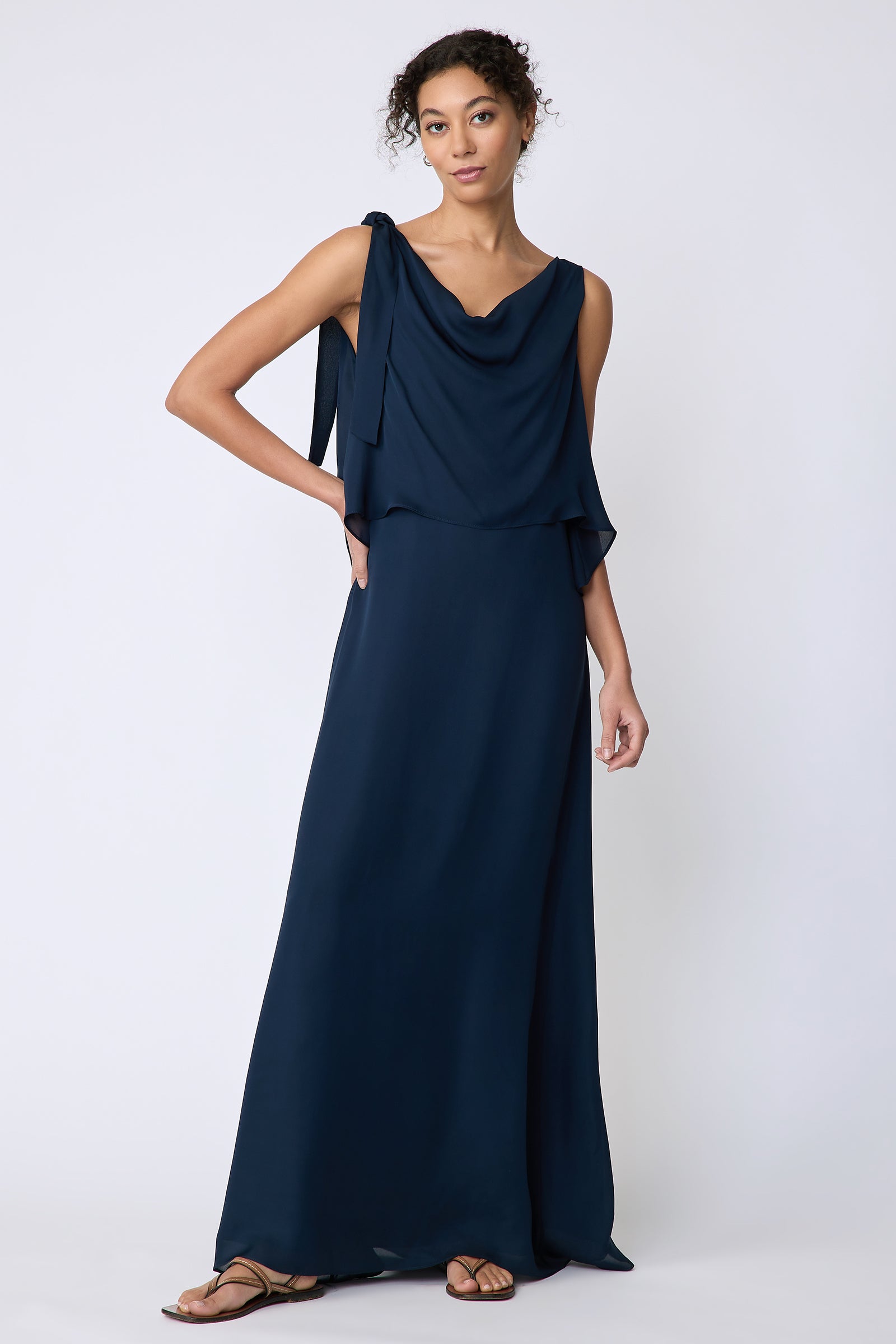 Kal Rieman Ada Gown in navy silk georgette on model front view hand on hip