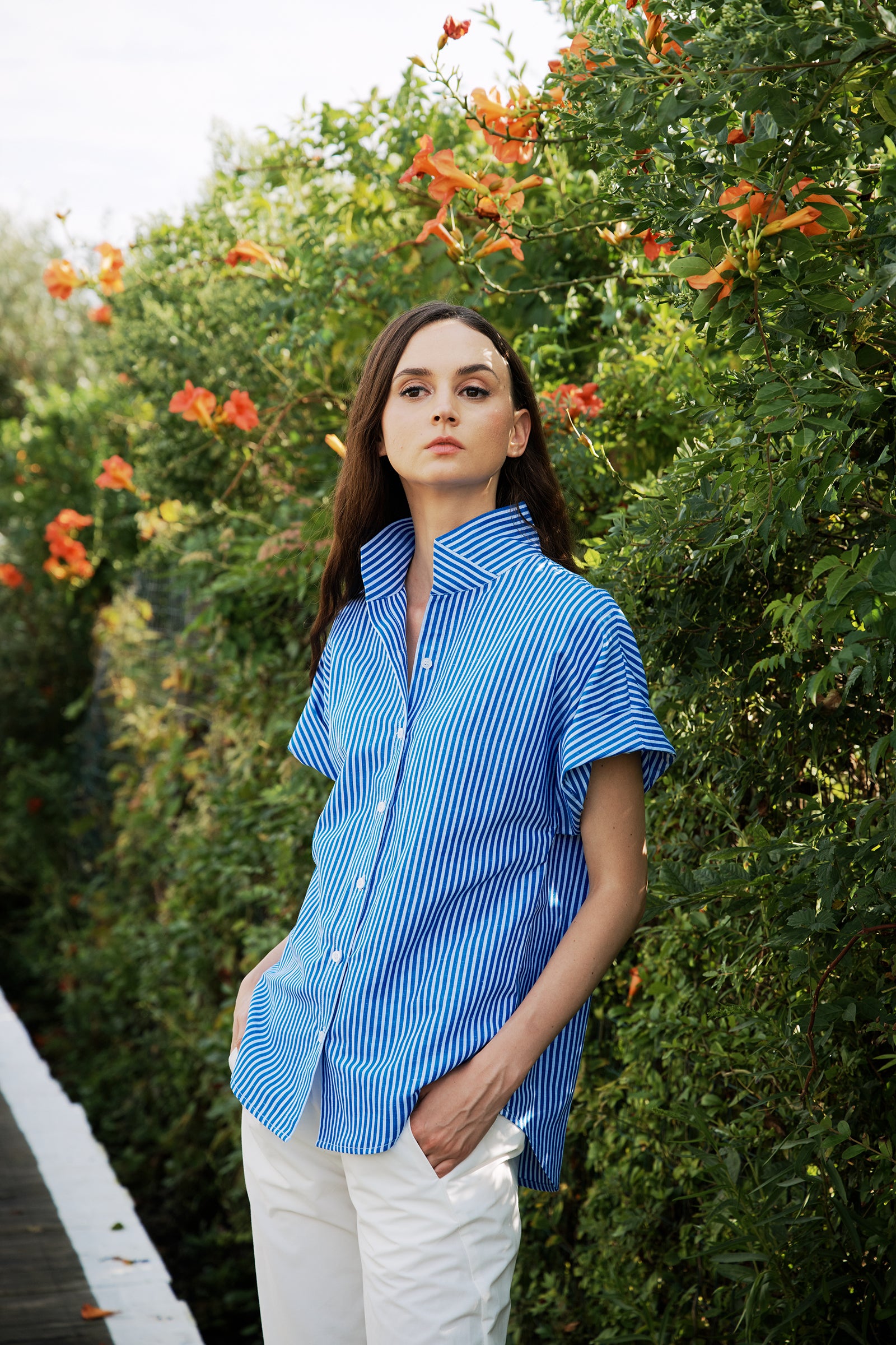 Kal Rieman Ali Kimono in Cabana Stripe Blue on model lookbook image