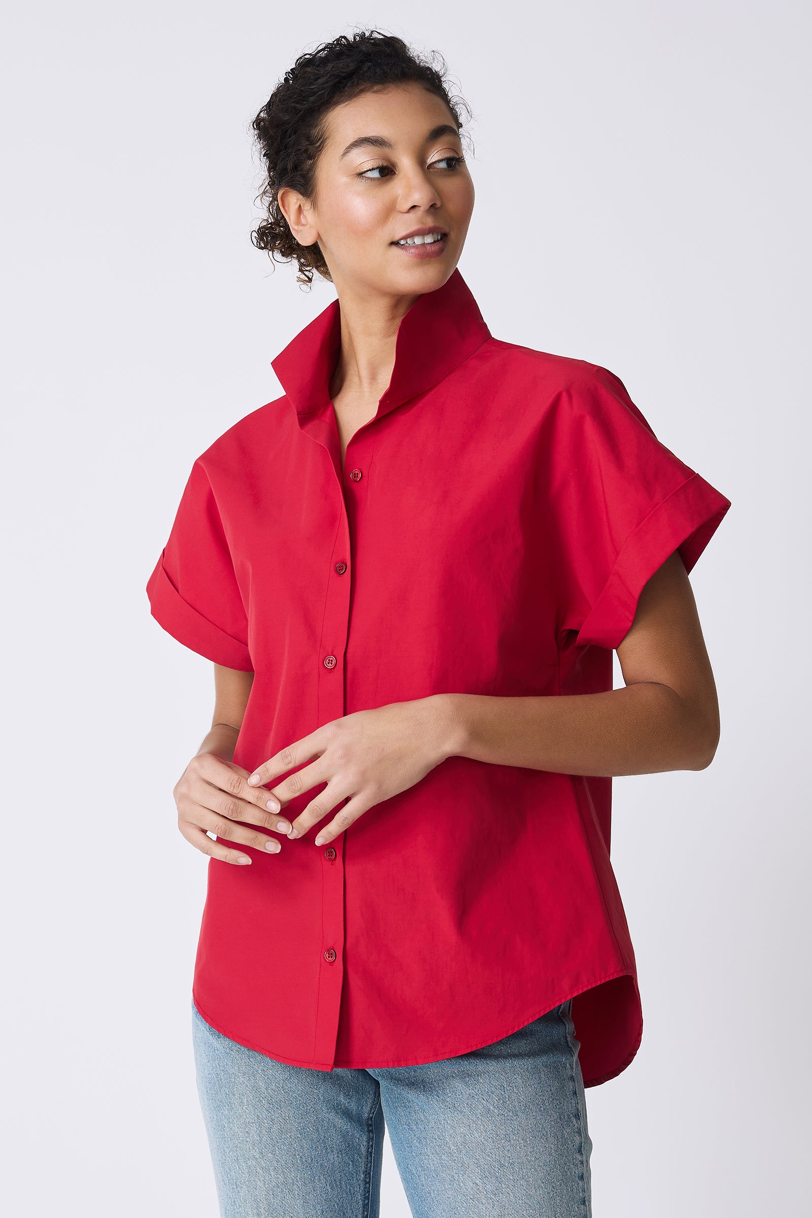Kal Rieman Ali Kimono Top in Red on model looking left front view