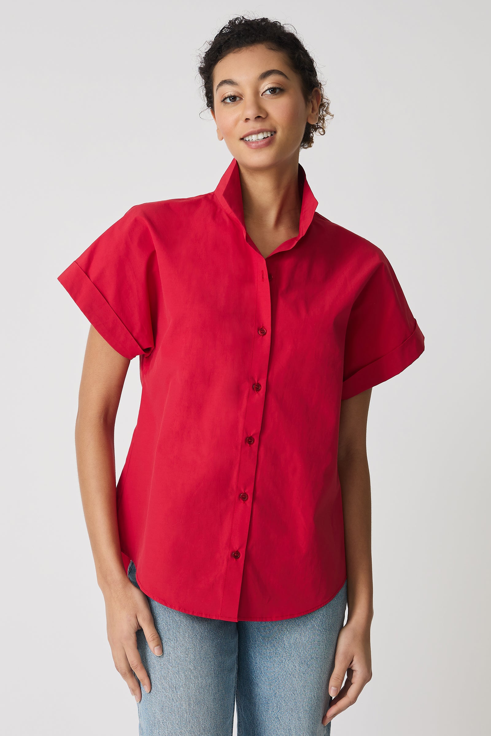 Kal Rieman Ali Kimono Top in Red on model smiling front view