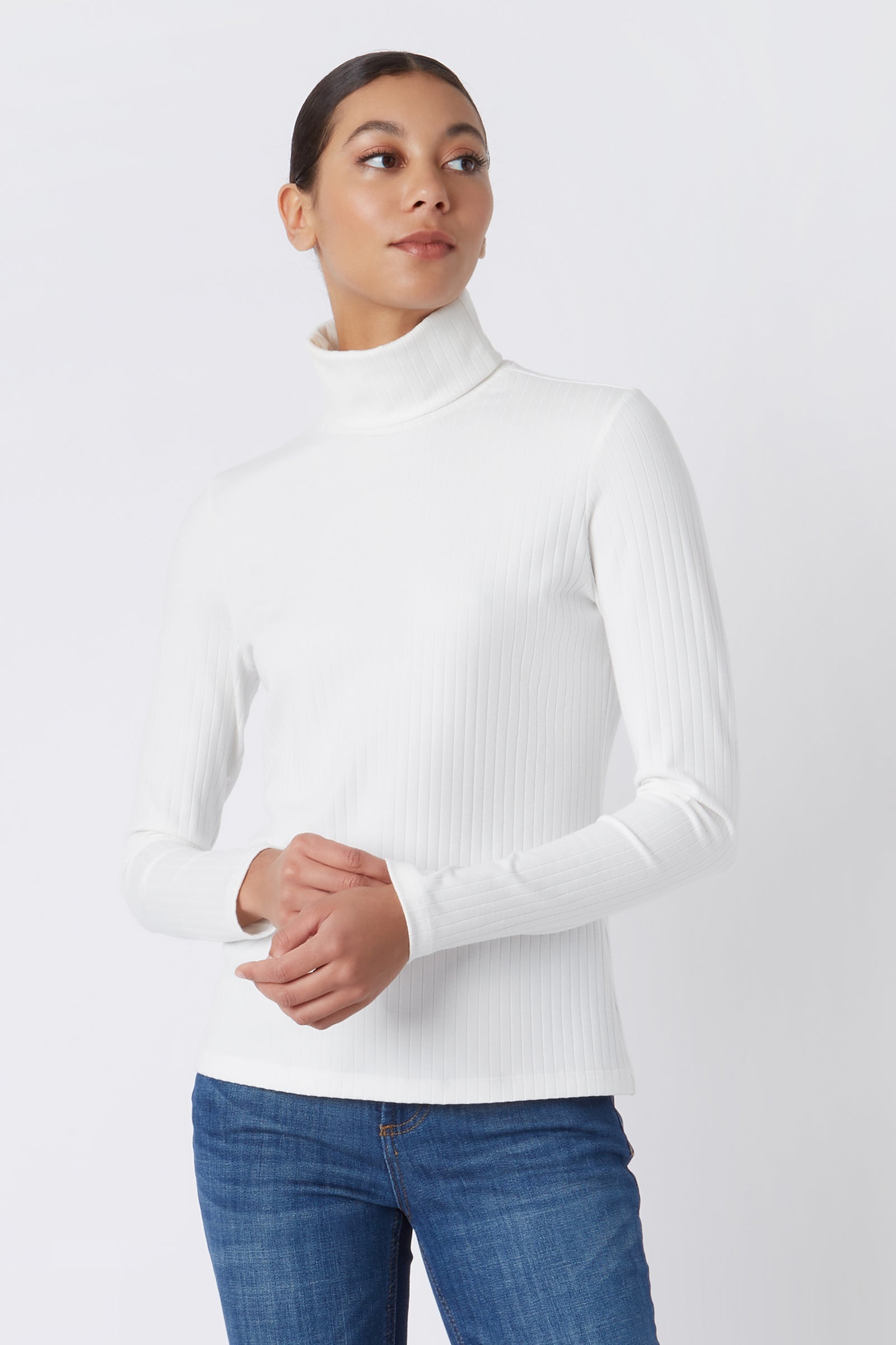 Kal Rieman Alma Rib Tneck in Ivory on Model Looking Left Cropped Front View