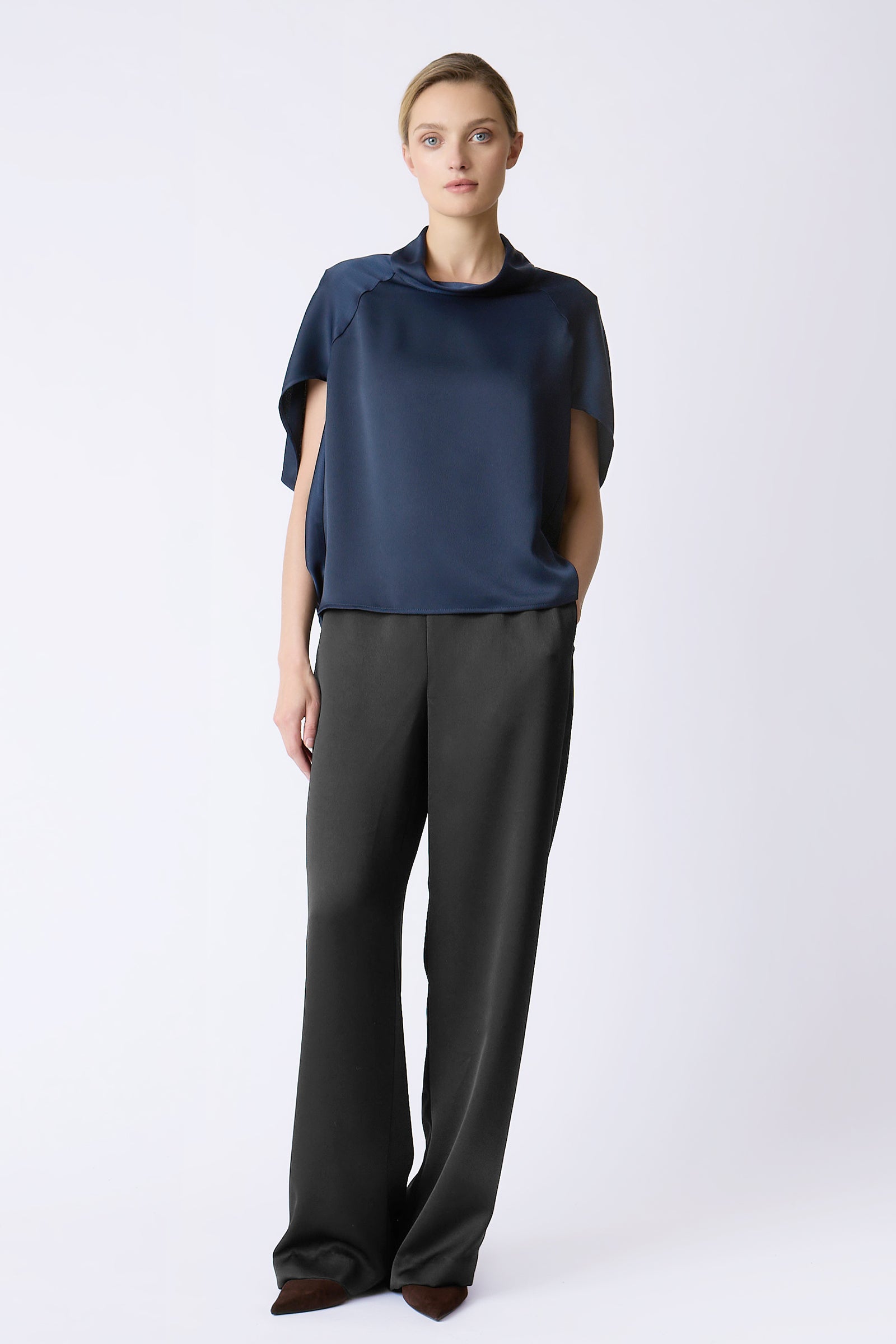 Kal Rieman Angelica Cape Top in Navy on model full front view