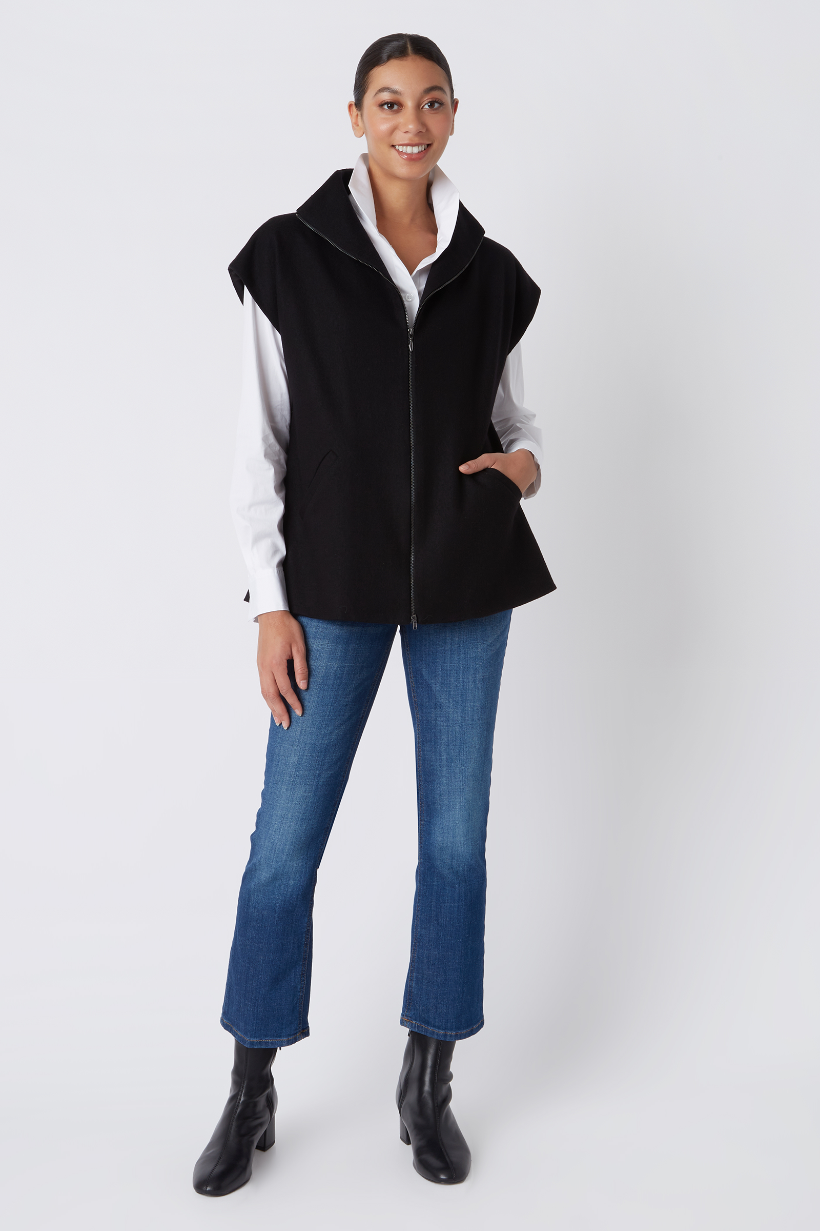 Kal Rieman Anne Collared Zip Vest in Black Felted Jersey on Model Main Full Front View
