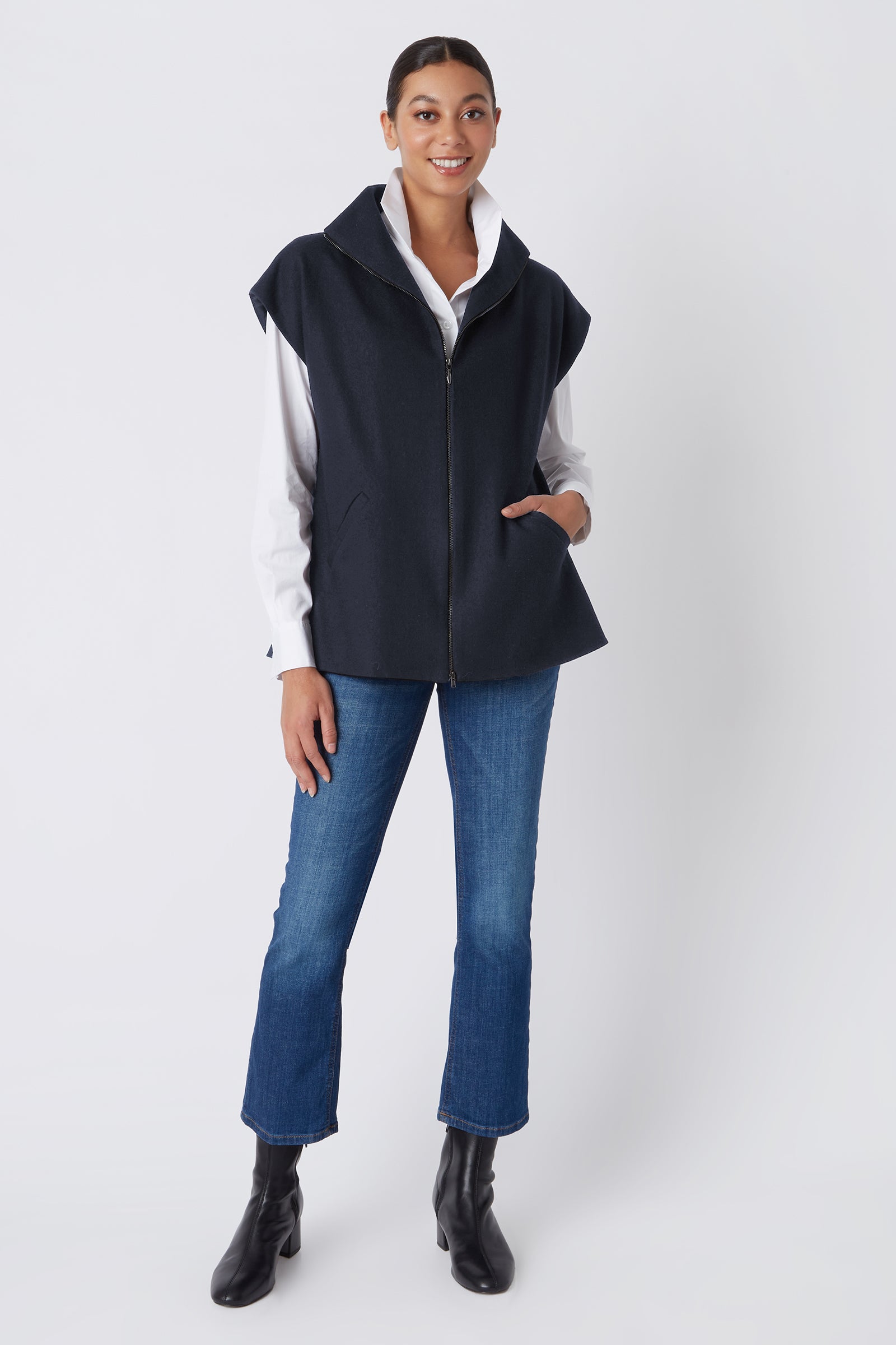 Kal Rieman Anne Collared Zip Vest in Midnight Felted Jersey on Model Main Full Front View