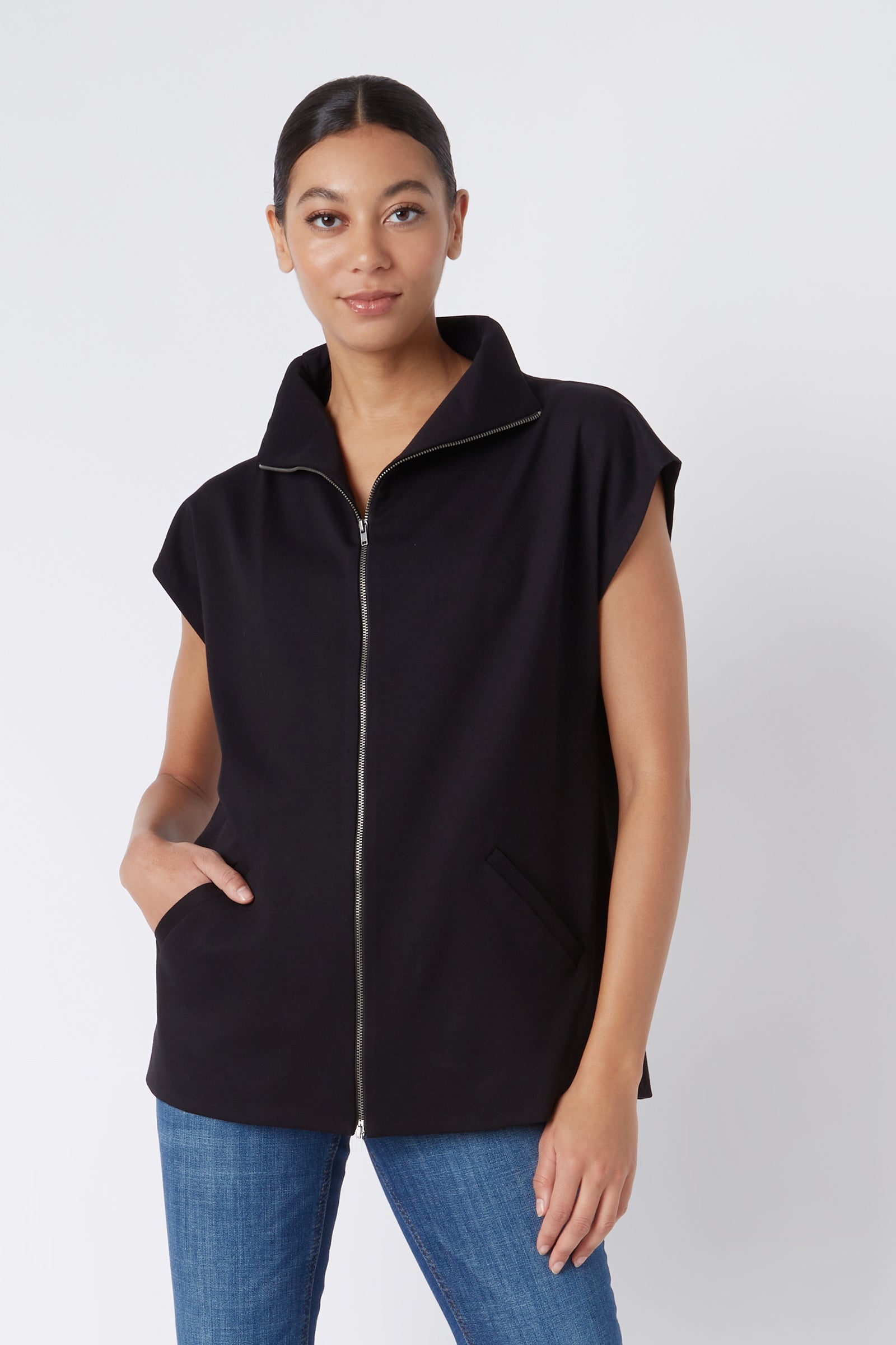Kal Rieman Anne Collared Zip Vest in Black Ponte on Model with Hand in Pocket Cropped Front View