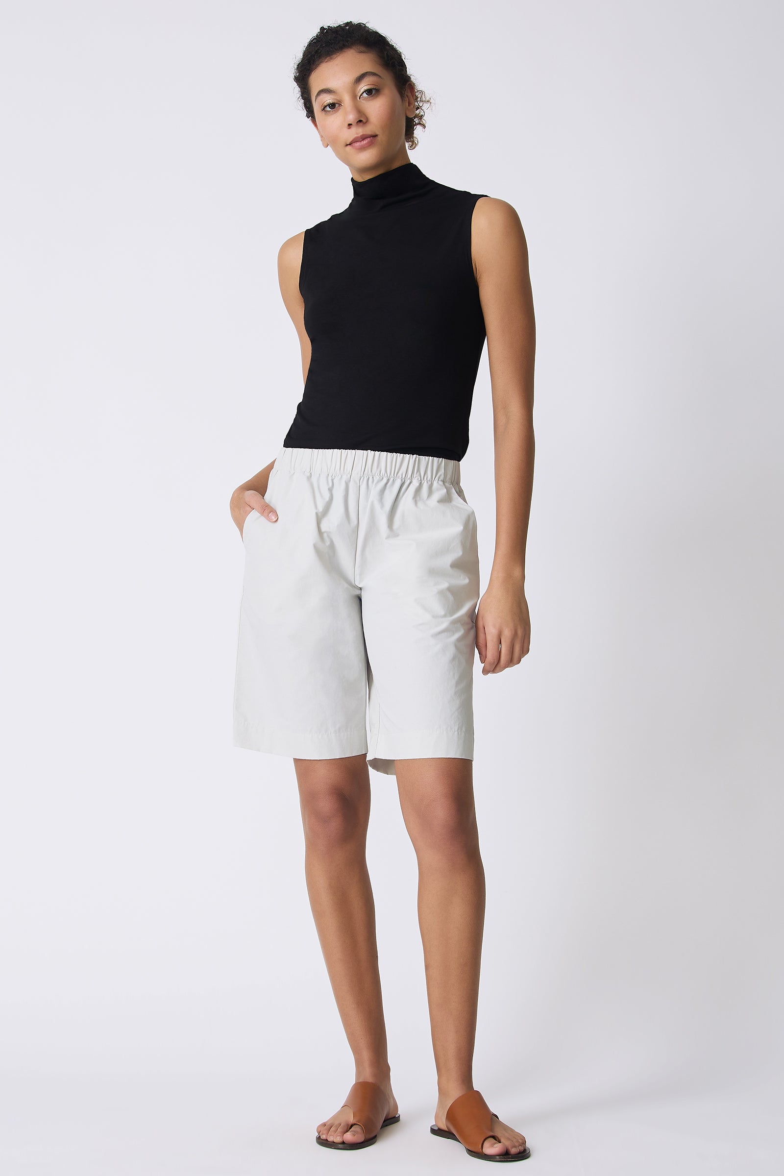 Kal Rieman Bahama Short in Stone on model with hand in pocket front view