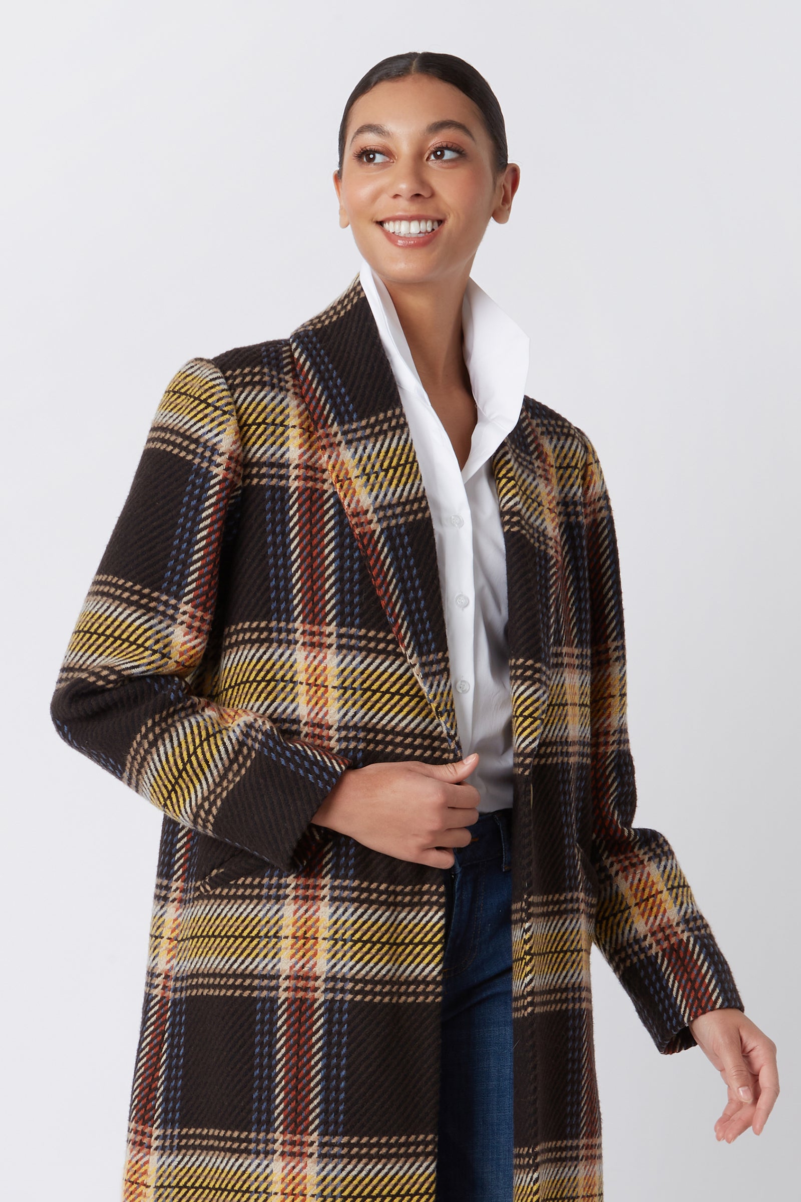 Kal Rieman Bettina Shawl Collar Maxi in Bold Plaid on Model Smiling Cropped Front View