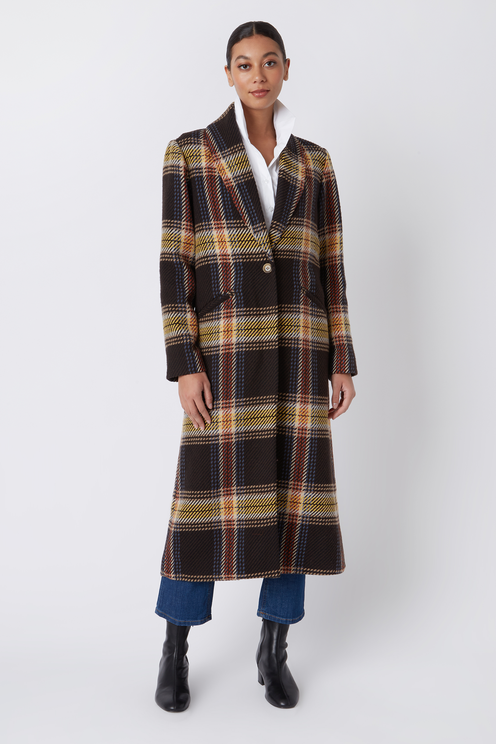 Kal Rieman Bettina Shawl Collar Maxi in Bold Plaid on Model with Coat Buttoned Full Front View
