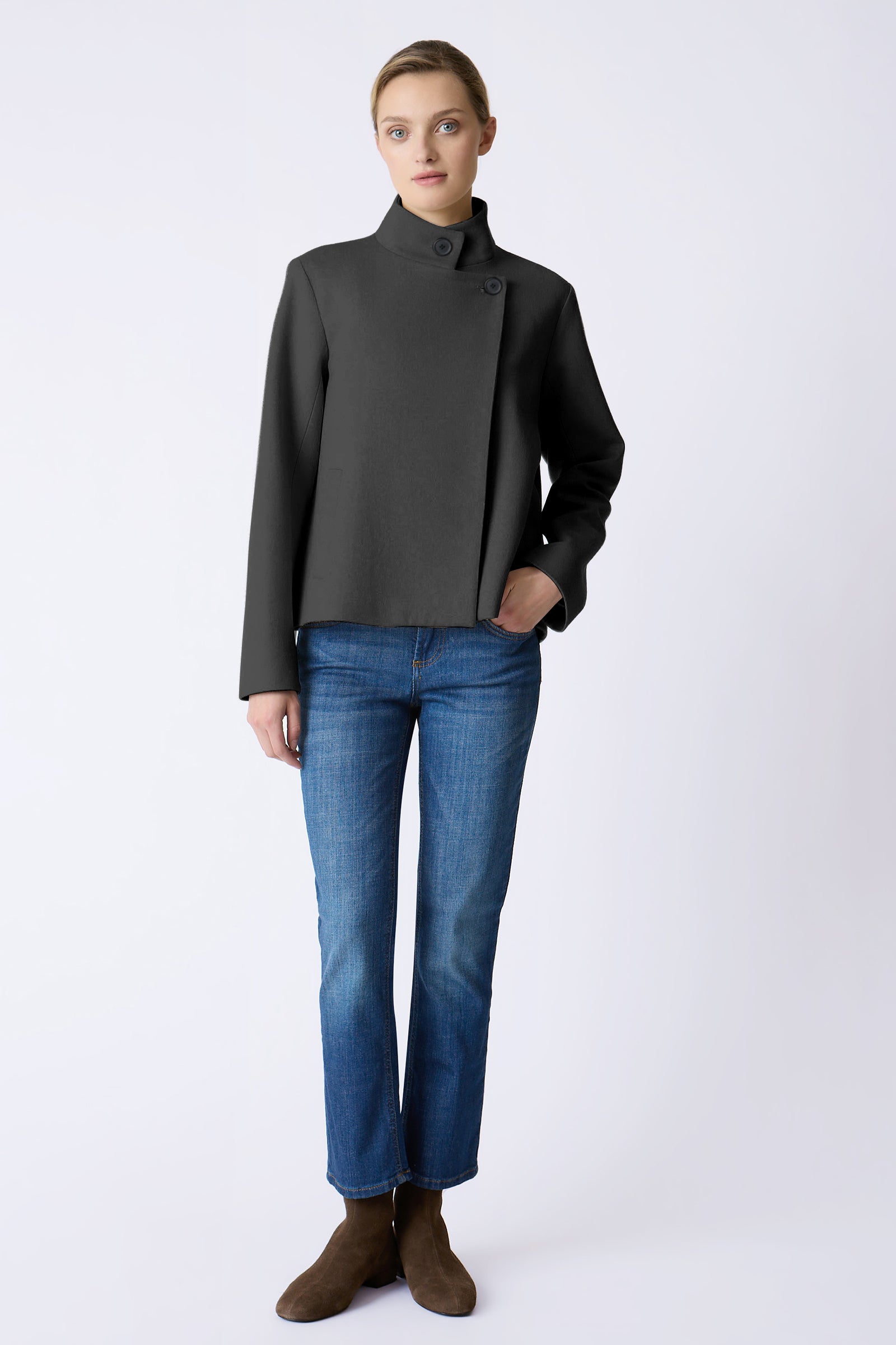 Kal Rieman Bristol Swing Jacket in black on model with left hand in pocket full front view
