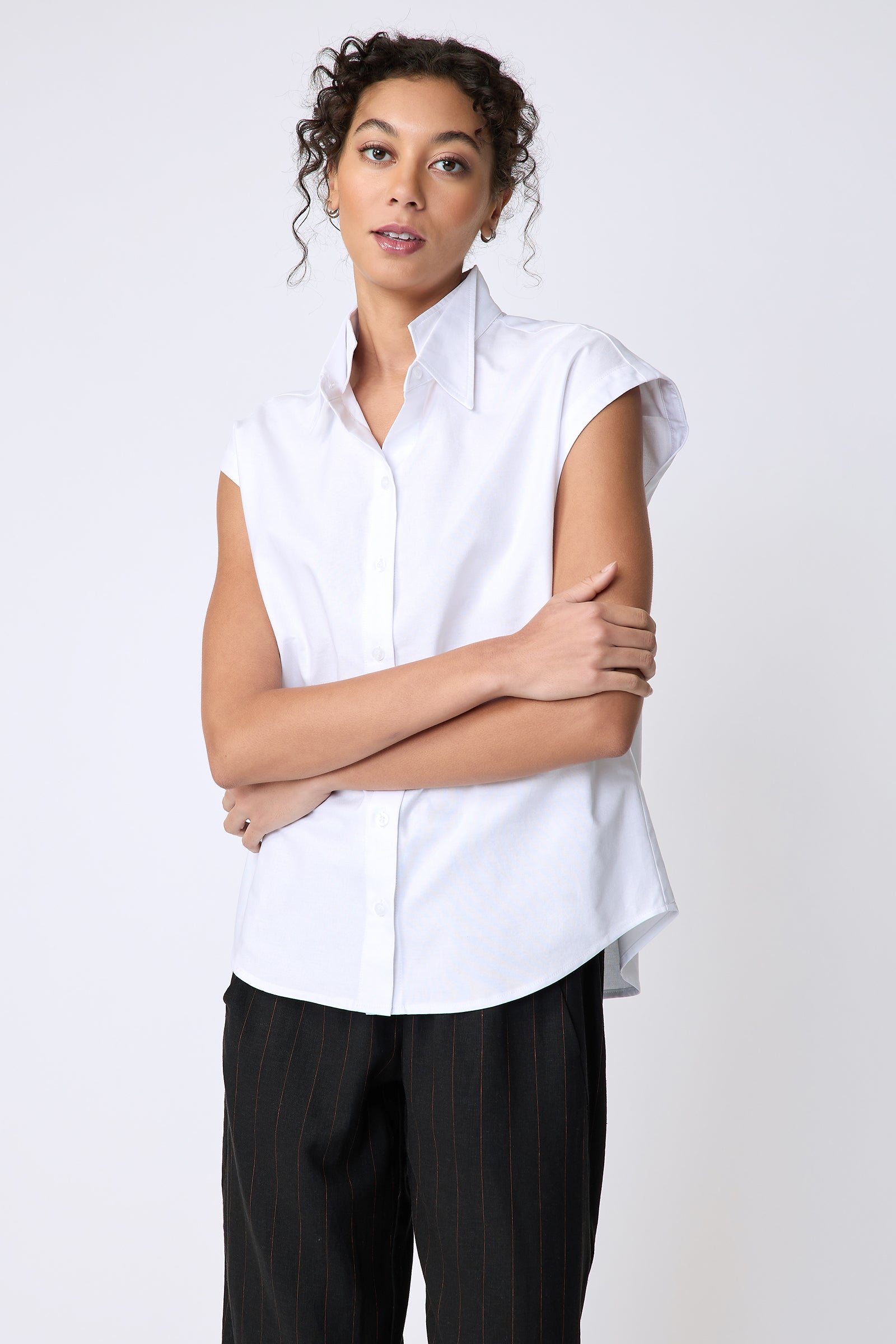 Kal Rieman Candice Cap Sleeve Double Collar Shirt in white on model front view detail