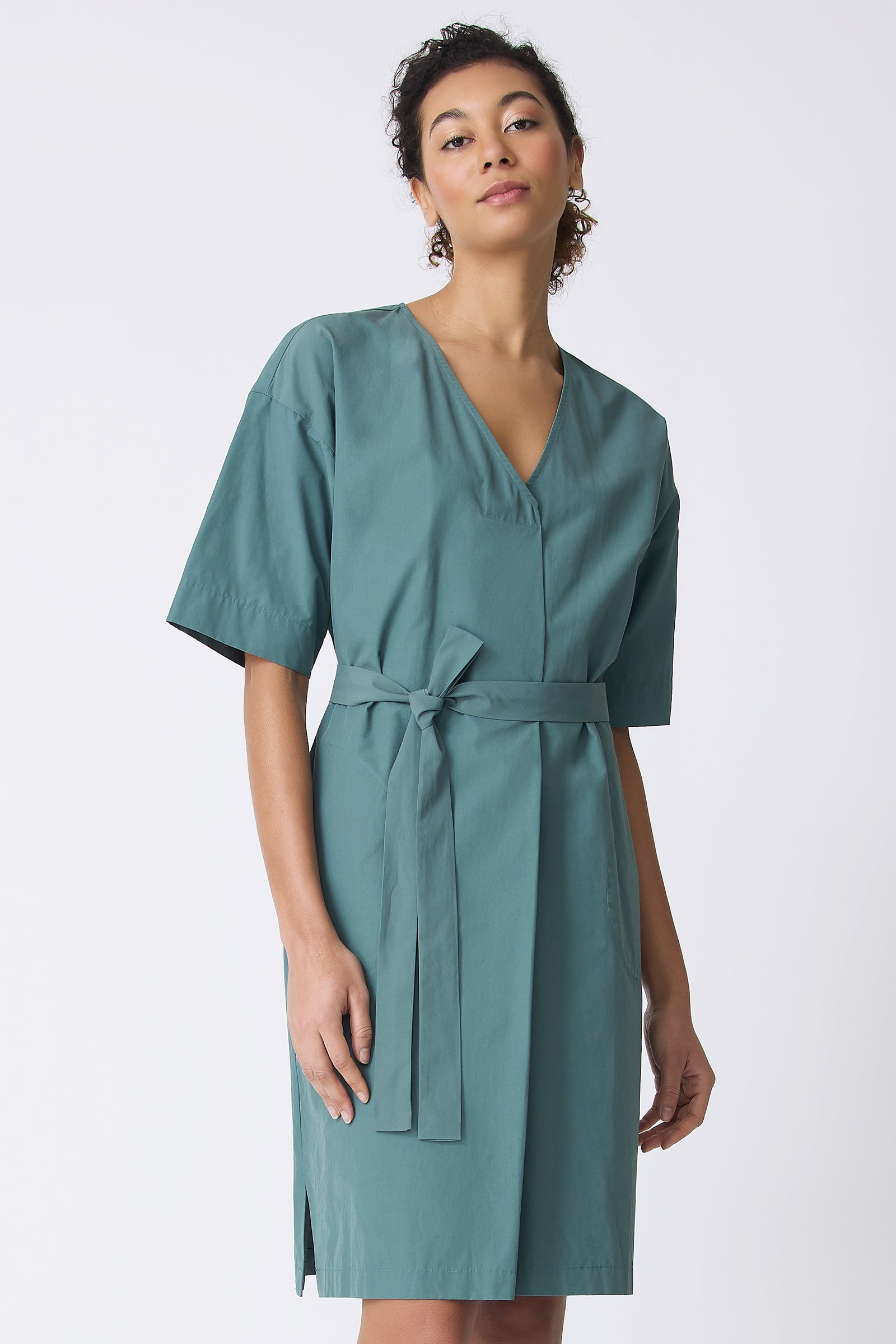 Kal Rieman Cara Fold Front Dress in Sage on model front view