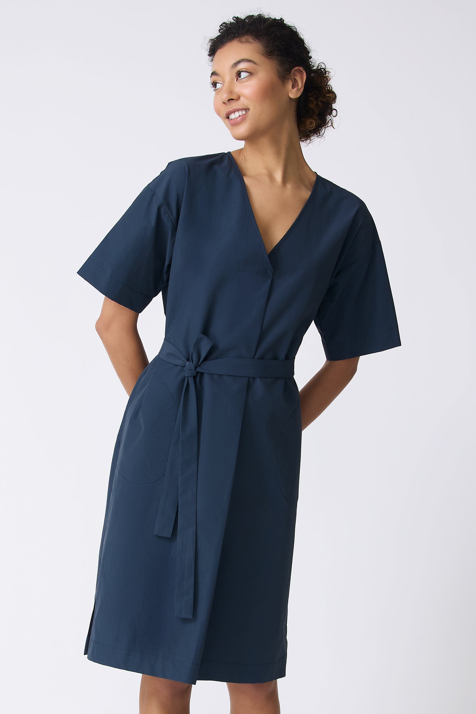 Kal Rieman Cara Fold Front Dress in Summer Navy on model looking right front view