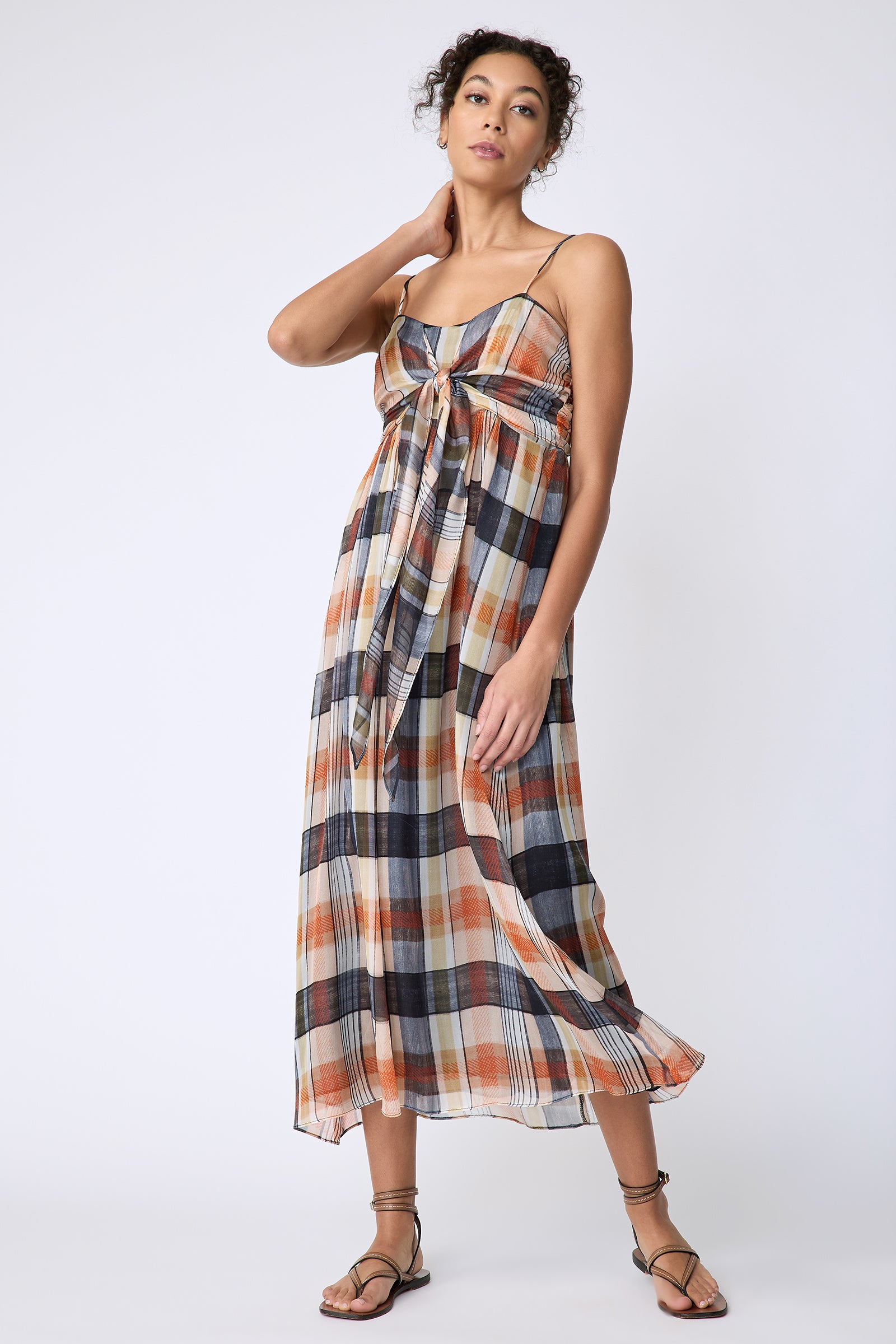 Kal Rieman Cassie Tie Front dress in plaid chiffon on model front view hand on neck