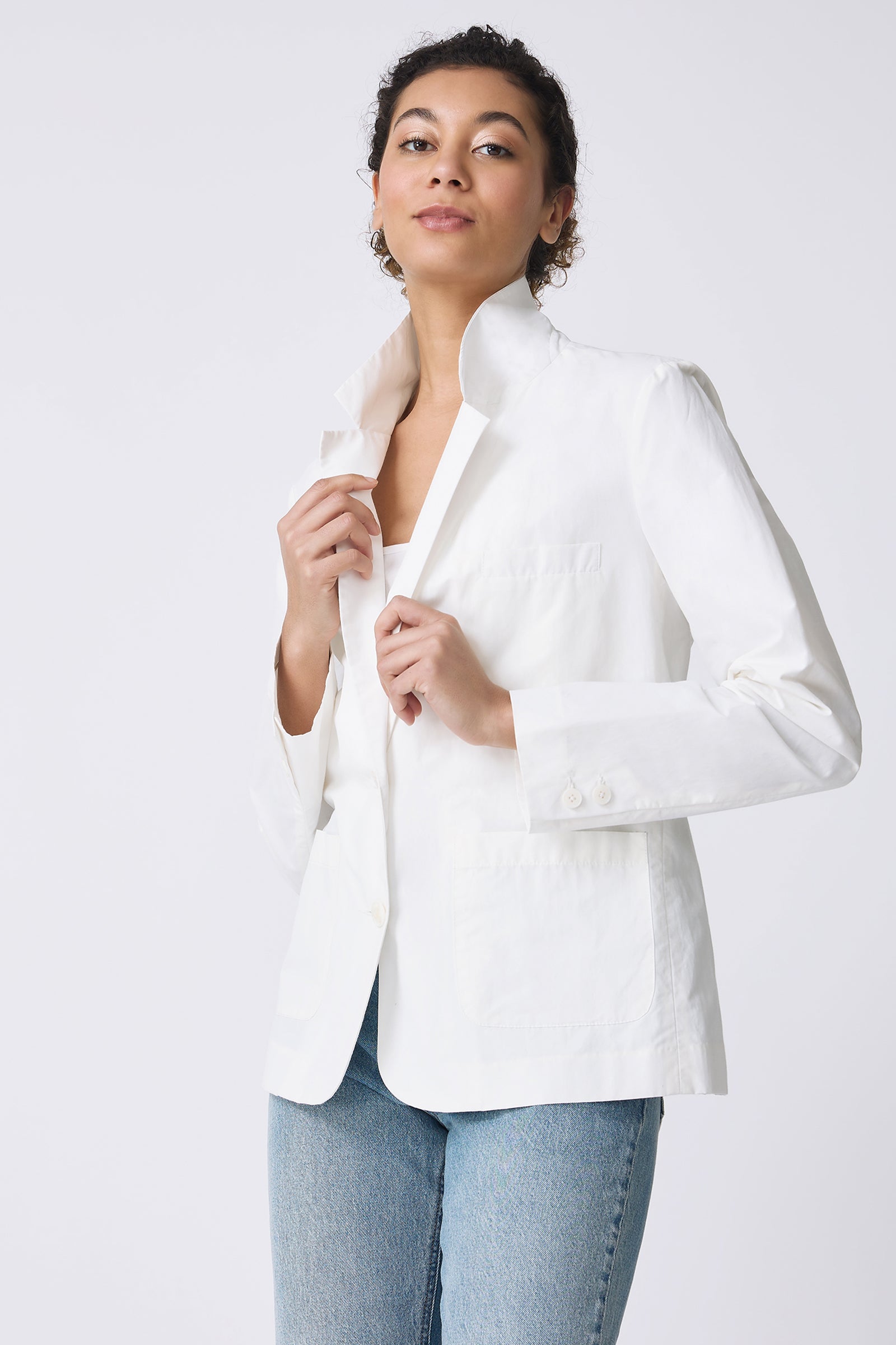 Kal Rieman Castel Patch Pocket Blazer in Ecru on model with chin up front view