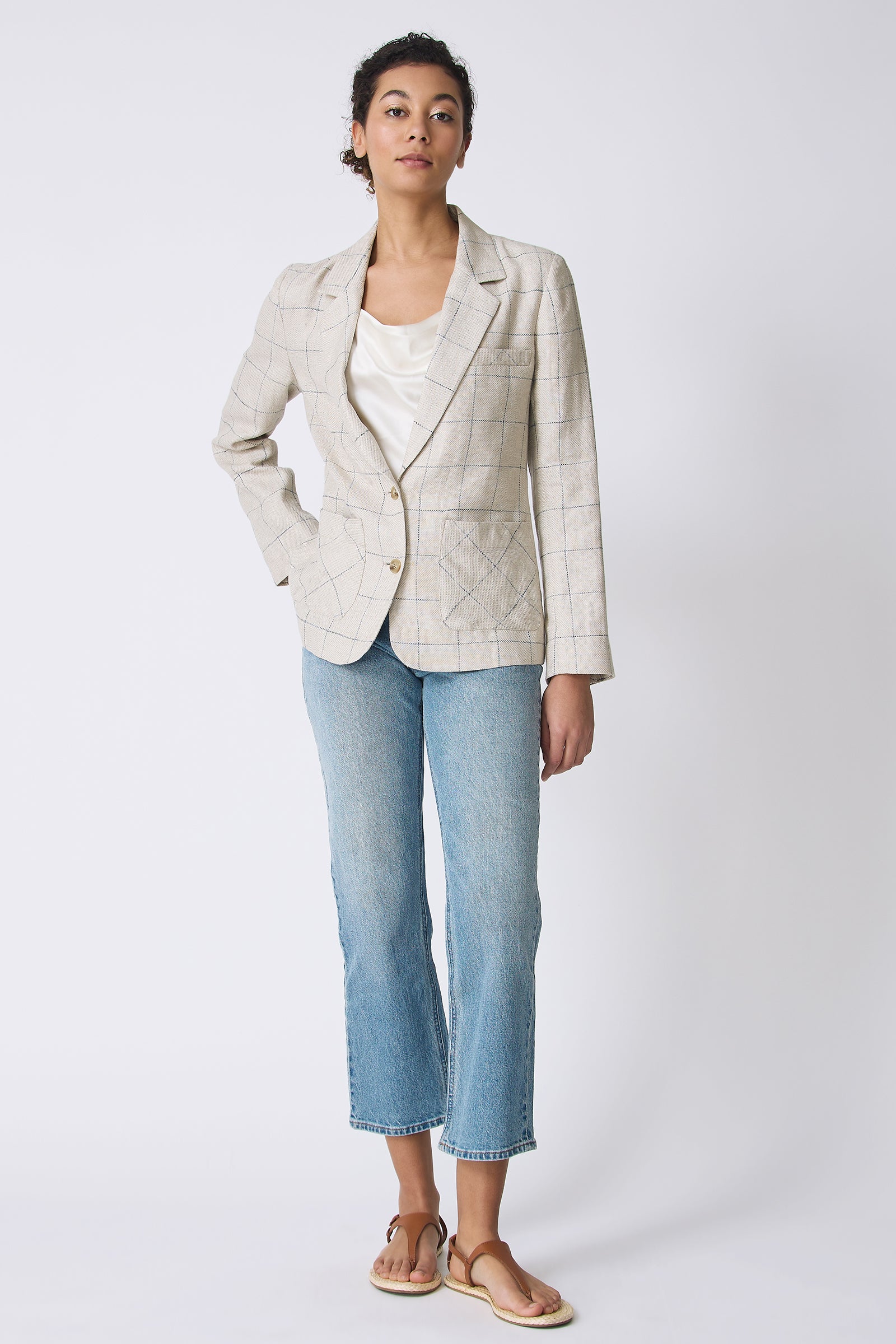 Kal Rieman Castel Patch Pocket Blazer in Windowpane on model with hand behind back full front view