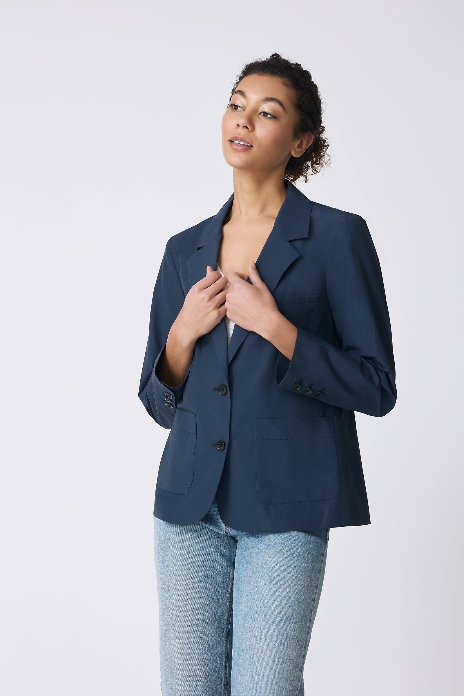 Kal Rieman Castel Patch Pocket Blazer in Summer Navy on model looking right front view